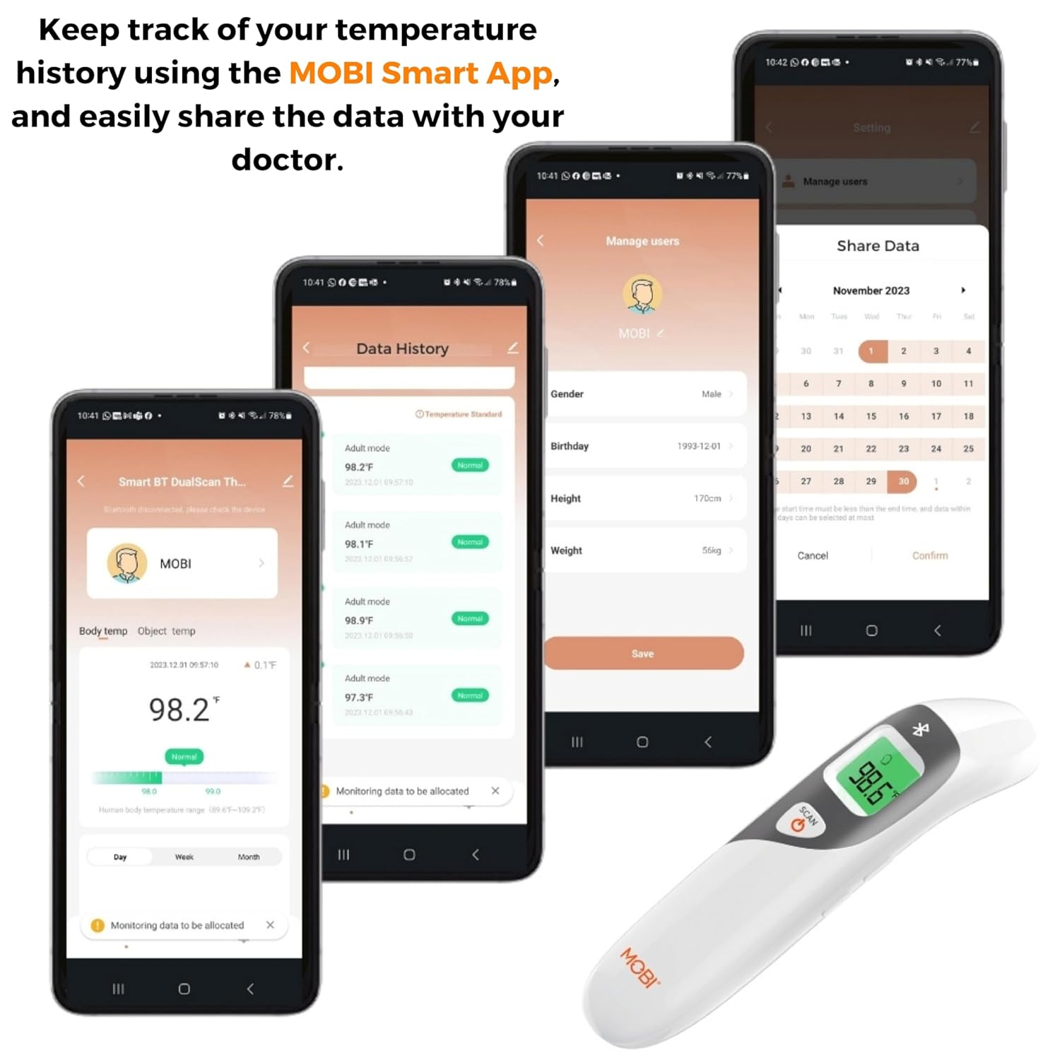 Multiple smartphone screens displaying various features of the MOBI Smart App, including data history, user management, and temperature graphs.