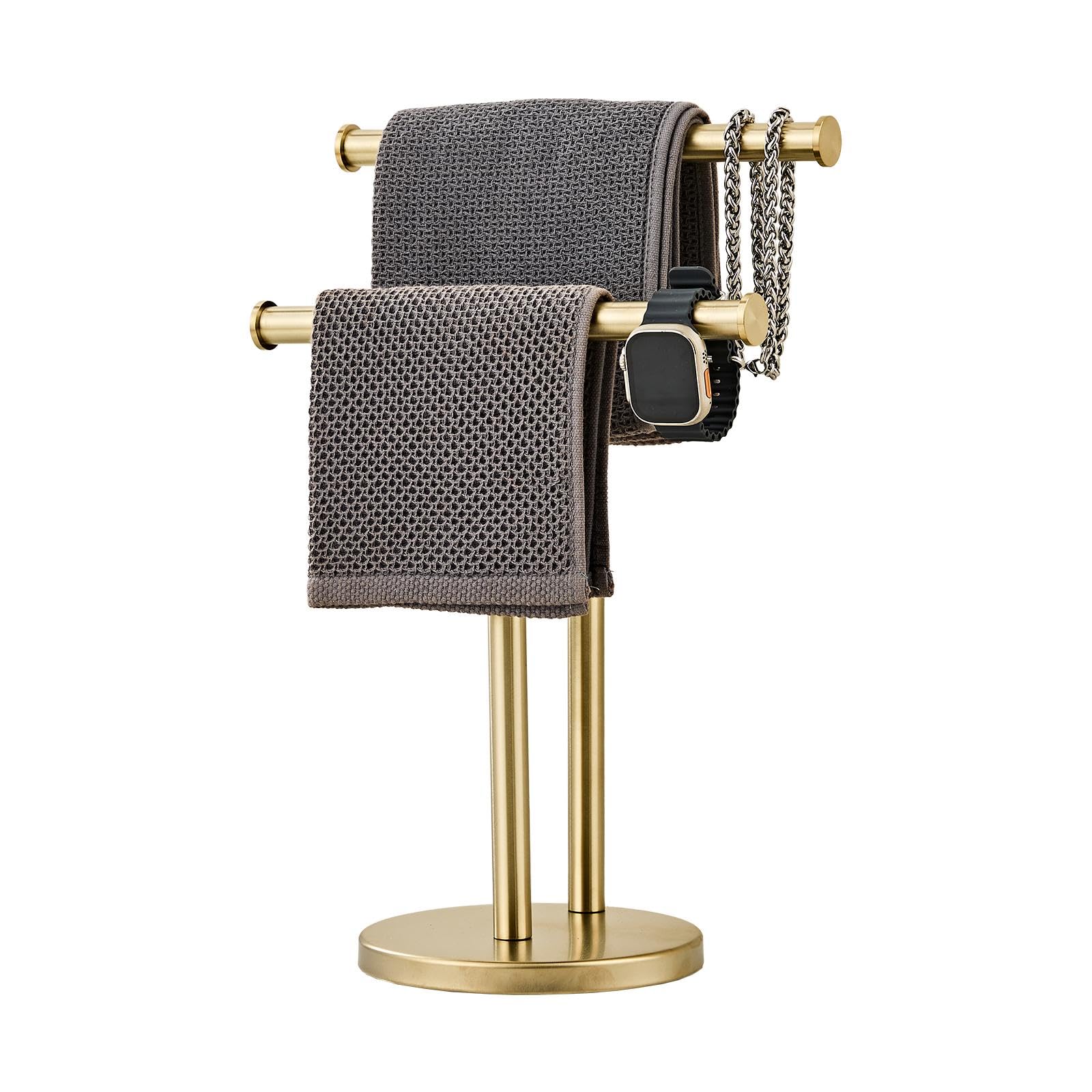 SHUNLI Hand Towel Holder Stand, Double Towel Rack Free Standing for Bathroom Countertop, T-Shape Hand Towel Stand for Stainless Steel (Brushed Gold)