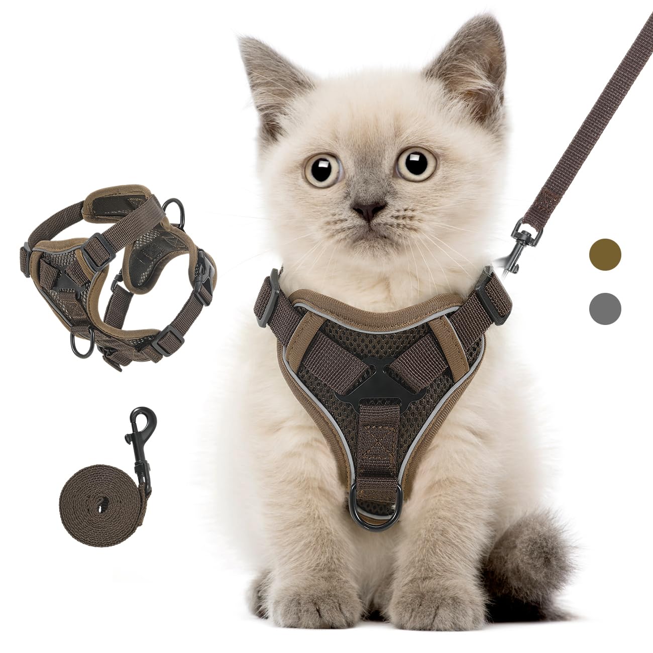 VavoPaw Pettorina per Cani con Guinzaglio da 1,5M, Imbracatura per Gatti Antifuga con Rete Traspirante e Strisce Riflettenti, Gilet Morbido e Regolabile per Cani Gatti, XS, caffè
