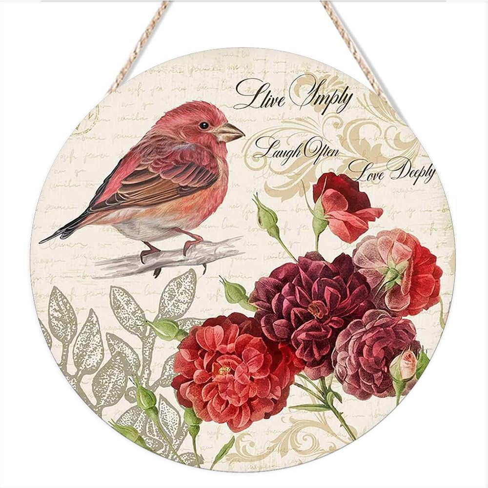 kisoyo Round Hanging Wood Sign Vintage Parrot and Rose Live Simply Laugh Often Love Deeply Wreath Sign Rustic Wreath Sign Home Kitchen Bathroom Bedroom Garden Parlor Wall Art Decor 12"x12"