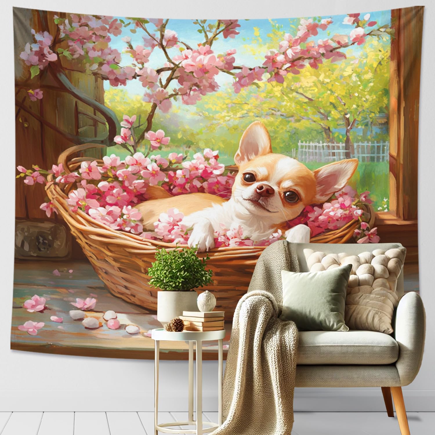 Chihuahua Floral Tapestry, Peach Blossoms Spring Wall Hanging, Cute Decorative Art for Living Room, Bedroom, Dorm Decor 60x50 Inch