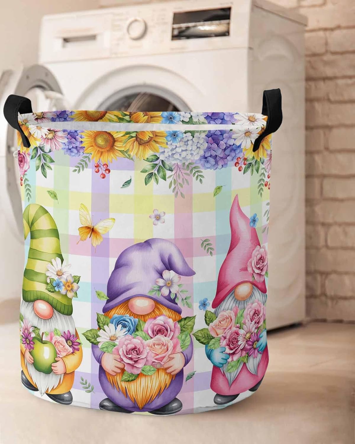 Collapsible Laundry Basket 60L, Watercolor Floral Gnomes Storage Bin Laundry Hamper with Handles, Spring Flowers Butterflies Grid Waterproof Clothes Baskets for Bathroom/Bedroom 16.5 x 17 In