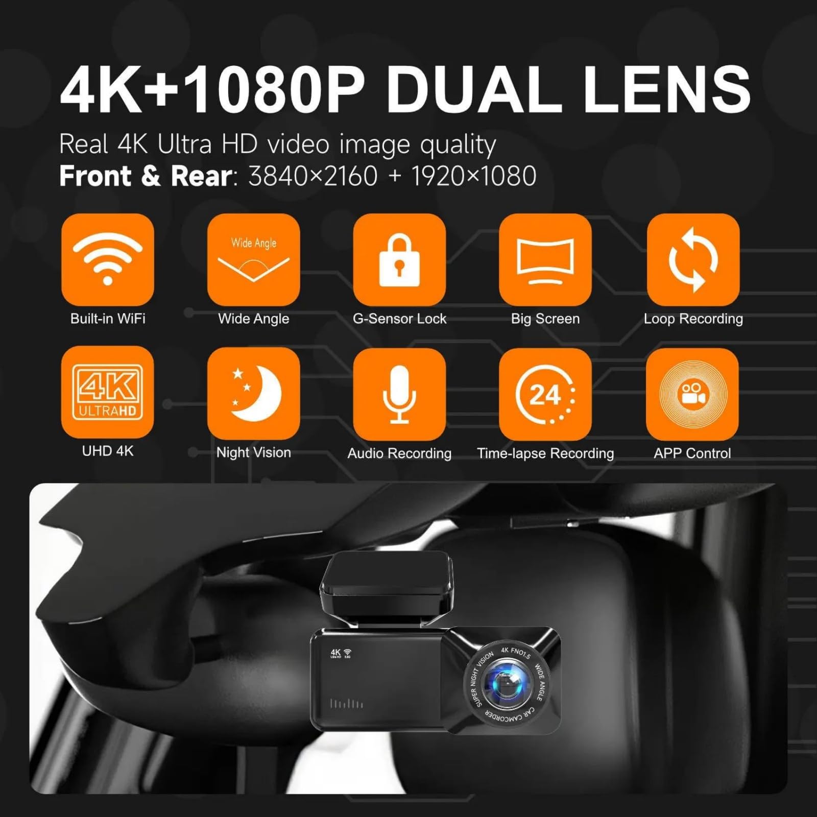 Cámara De Salpicadero 4K UHD De Doble Lente Grabadora Delantera Y Trasera 1K Pantalla De 2,89" Monitor De Aparcamiento WiFi Integrado Fácil De Instalar Y Desmontar DVR De Coche,WiFi+GPS