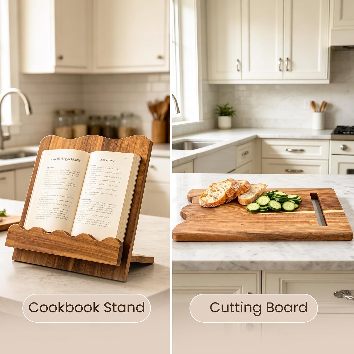 Cookbook Stand, Acacia Wood Cutting Board 2 in 1 Cookbook Holder Tablet Stand with Scalloped Edge Stable Base for Kitchen Countertop Cooking Rustic Kitchen Decor Organizer