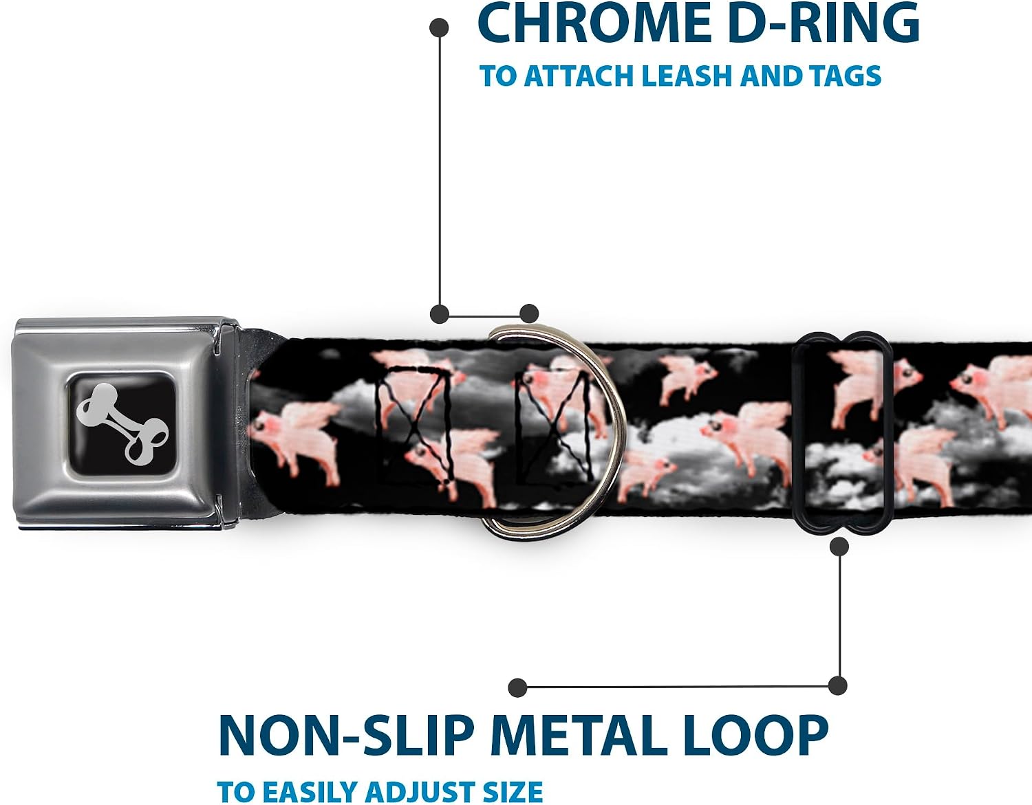 Buckle-Down Seatbelt Buckle Dog Collar - Flying Pigs Black/White/Pink - 1" Wide - Fits 9-15" Neck - Small