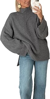 Oversized Womens Knit Sweater Cozy Ribbed Turtleneck Pullover with Side Slits