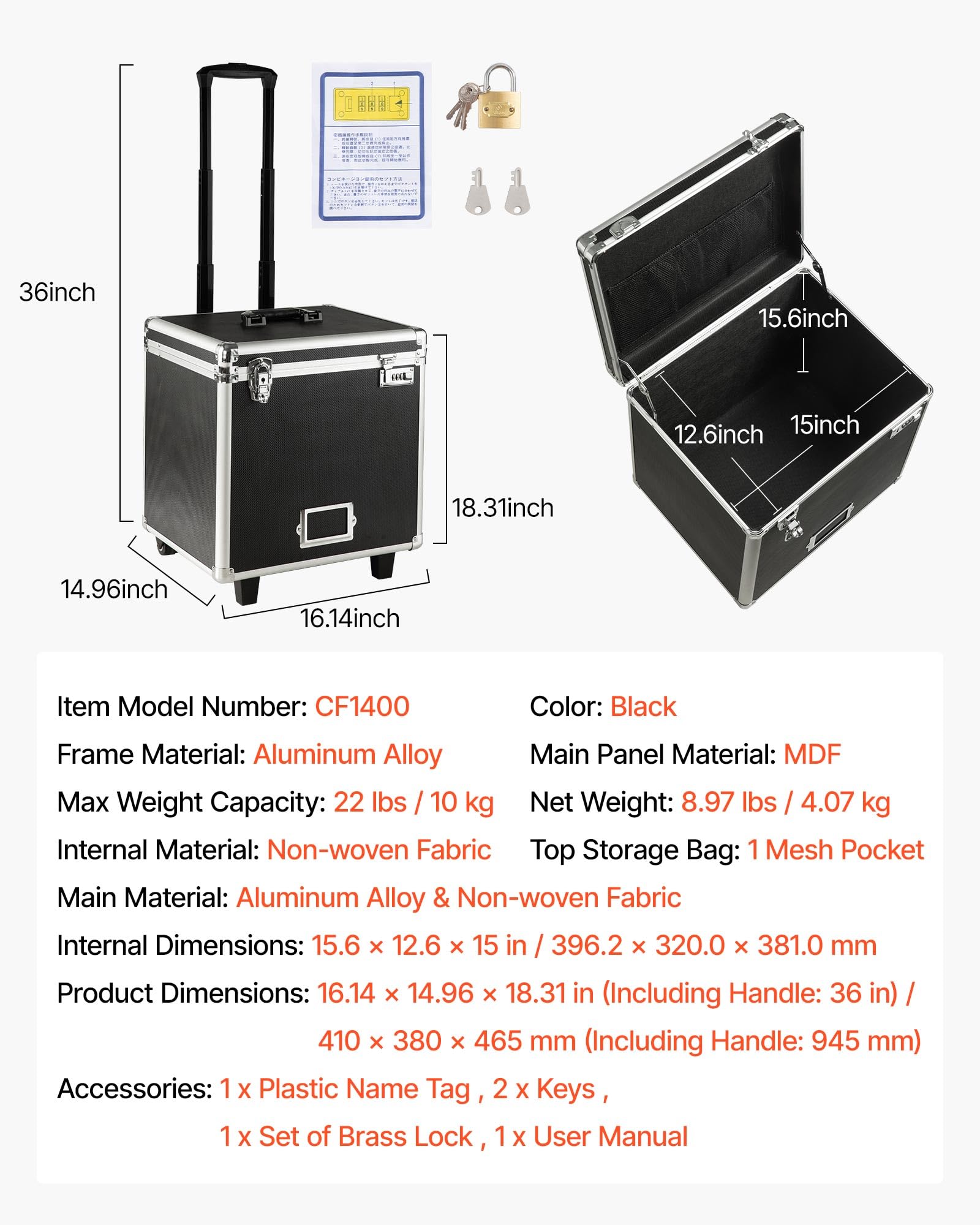 VEVOR Valigetta Portadocumenti con Ruote 39,6 x 32 x 38,1 cm Custodia Portadocumenti Portatile con Serratura Manico Telescopico, Scatola per Documenti per Ufficio, Viaggi di lavoro, Traslochi