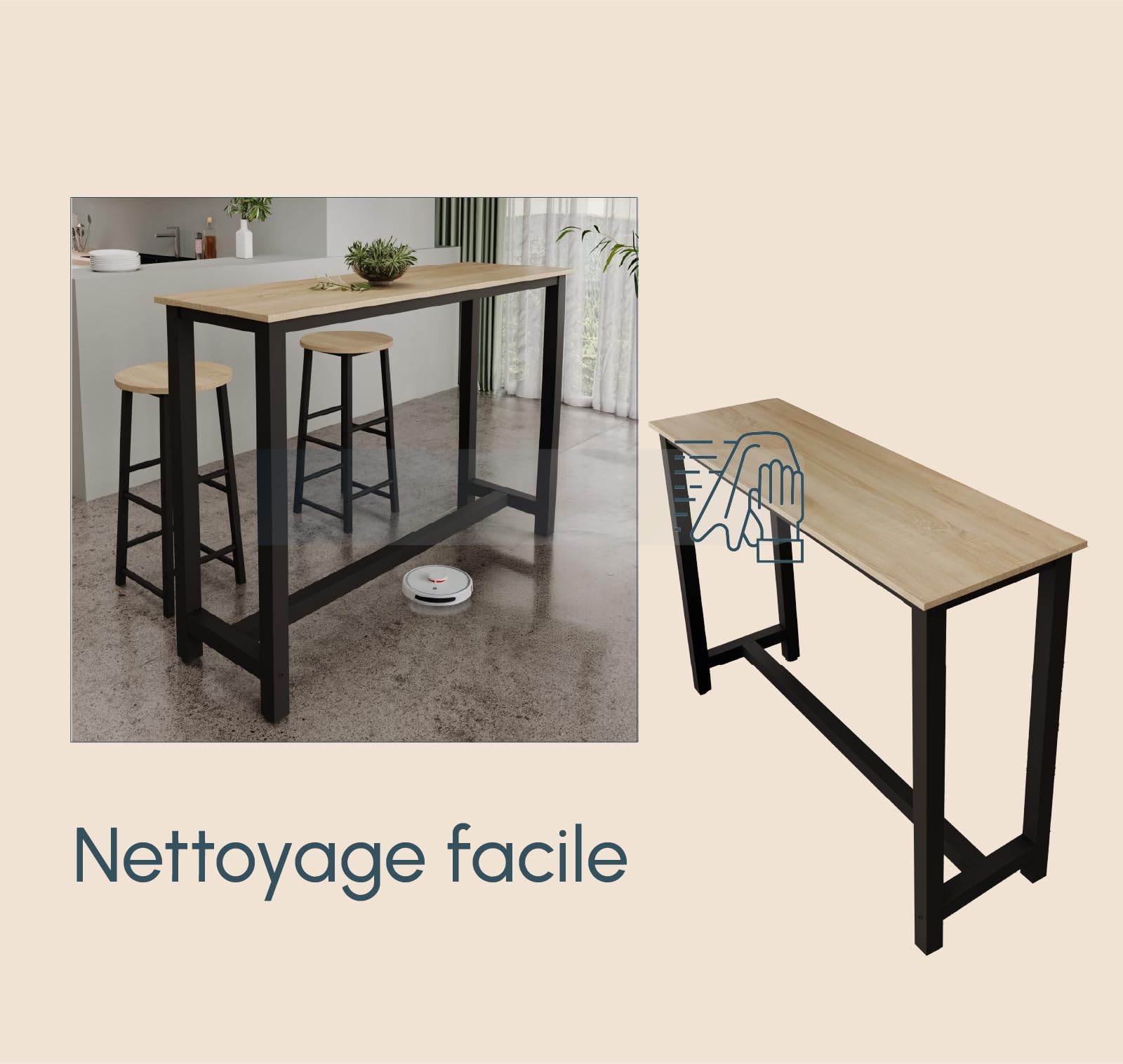 MB Muebles Bonitos | Table de Bar Haute ANI pour 2 Personnes avec Pieds en Métal | Table Cuisine en Mélamine Mate | Couleur Noir et Sonoma | 140x100x40 cm