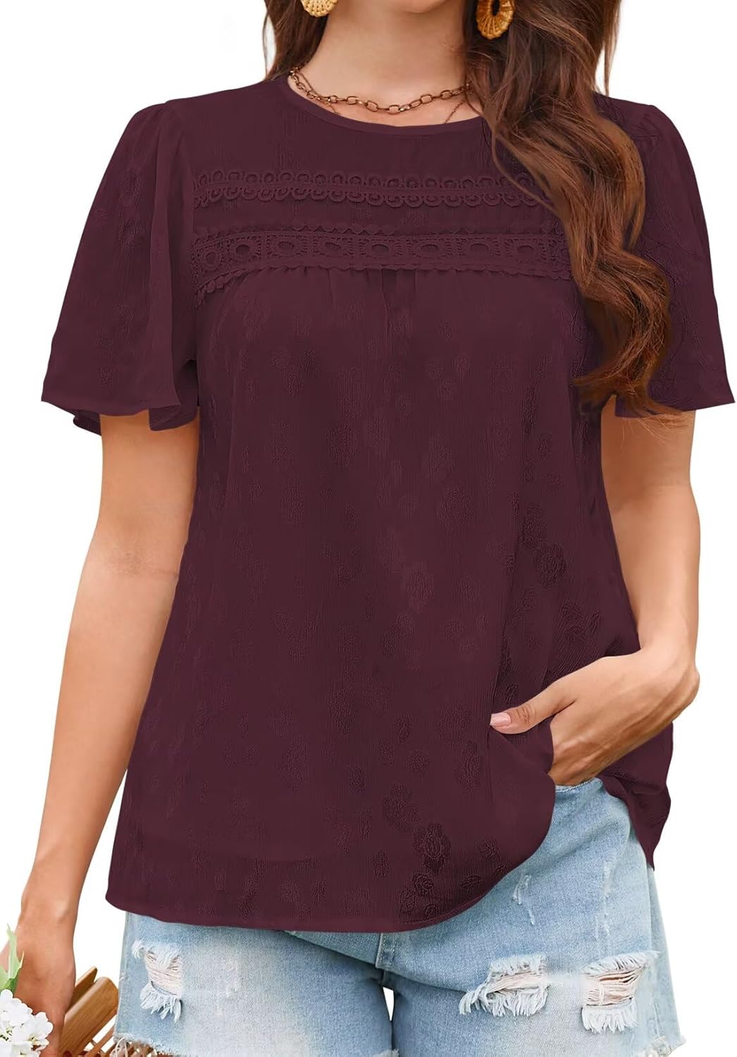 Tops for Women 2025 Boho Floral Blouses Short Puff Sleeve Shirts Summer Flowy Crew Neck Casual Peasant Lace Clothing