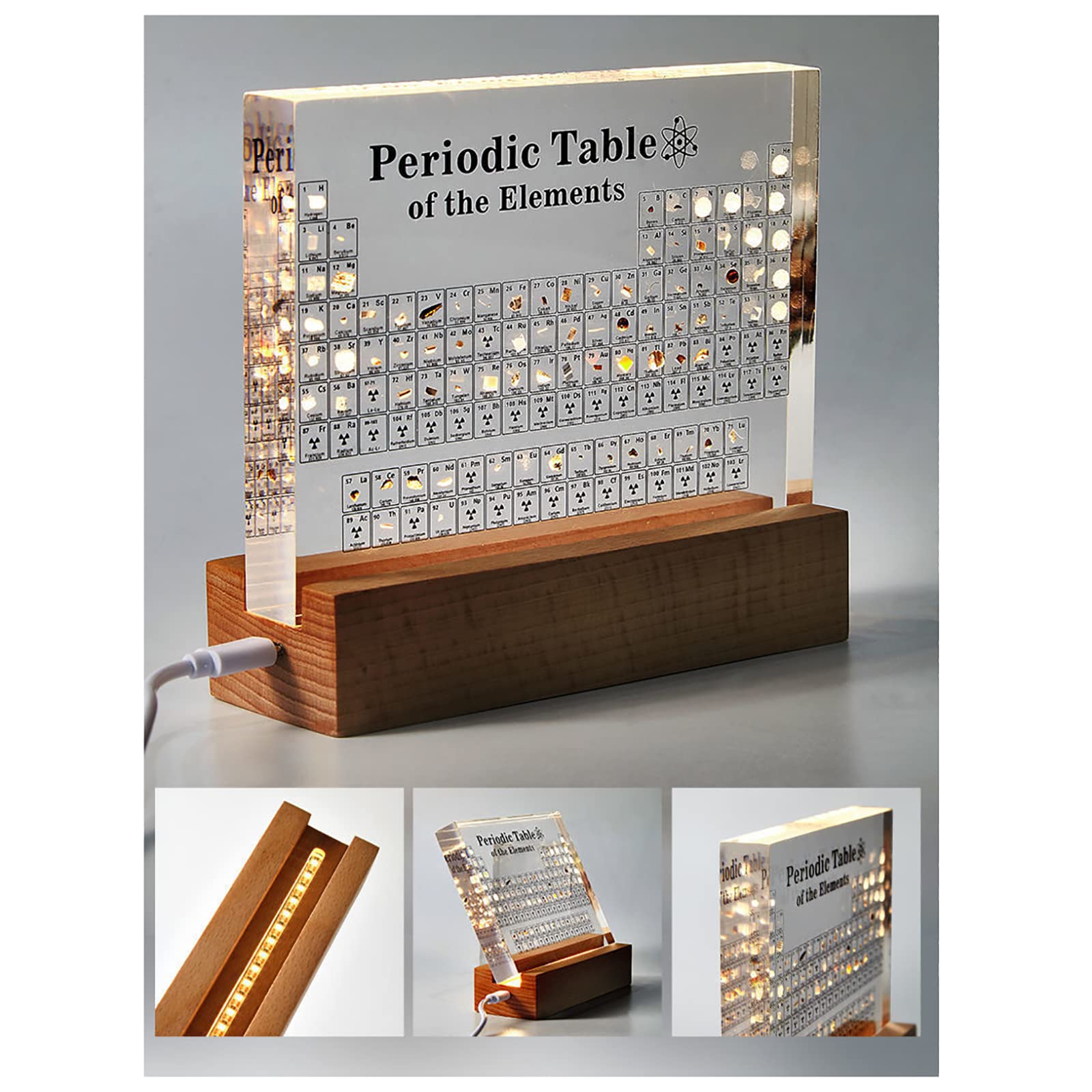 Periodensystem mit Echten Elementen, Acryl Periodensystem with 83 Elementen mit Holzhalter Bunte für Schüler Lehrer Handwerk Dekor Chemie Tool,Clear
