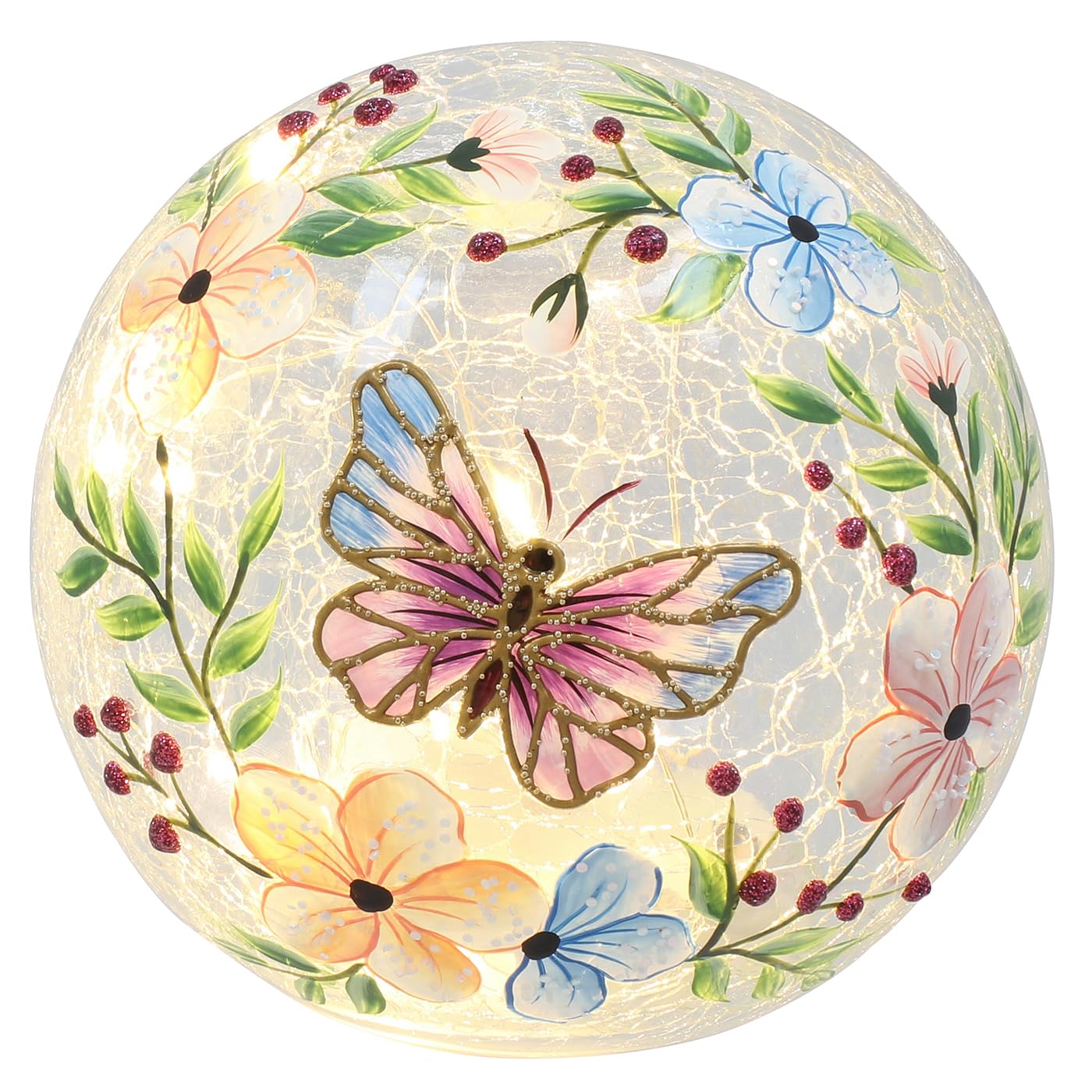 Shudehill Giftware Multicoloured Crackle Glass Ball With Led Light, Butterfly And Floral Design, Small Decorative Sphere
