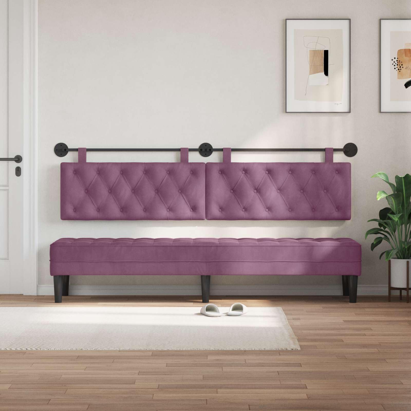Wiszący zagłówek z oświetleniem LED, fioletowy aksamit do sypialni, salonu i pokoju gościnnego, nowoczesny panel ścienny, wyściełany, 210 cm szerokości, łącznie z materiałem montażowym