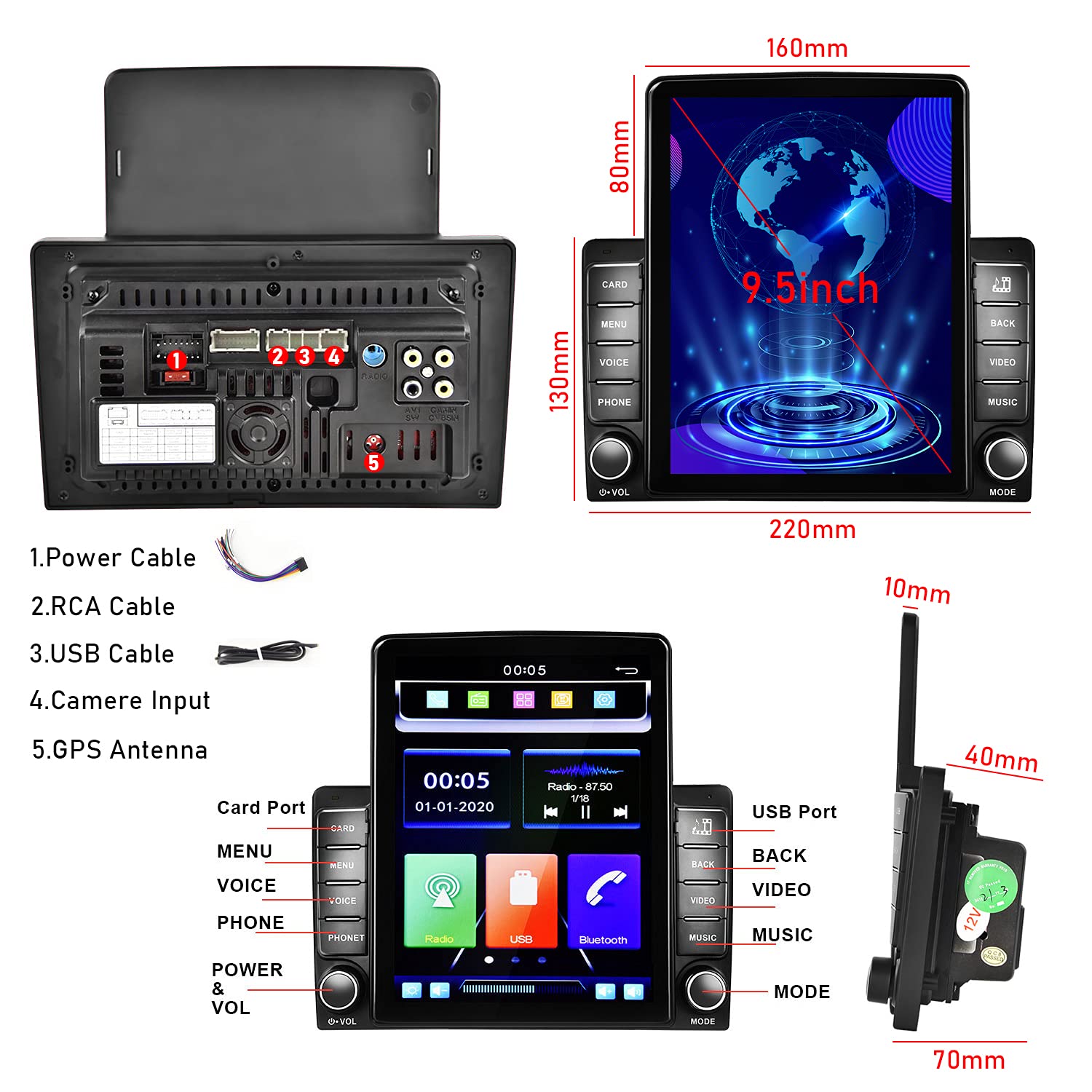 CAMECHO Carplay Double Din Car Stereo 9.5 Inch Vertical Touch Screen