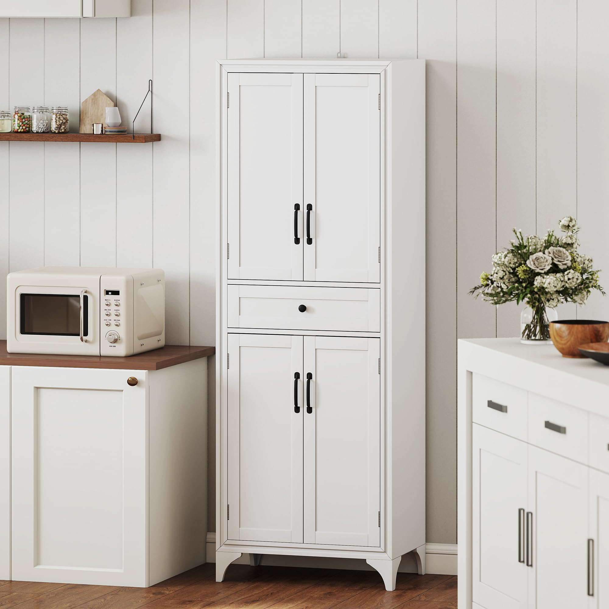 Armario independiente de despensa de cocina de 67 pulgadas de alto, armario de almacenamiento de 4 puertas con cajón y estantes ajustables para comedor, color blanco 8