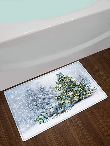 Miniatura 3 de Juego de cortina de ducha con diseño de árbol de pino de Navidad, color azul, plateado, con diseño de bolas de Navidad, con lazo, bosque, nieve,