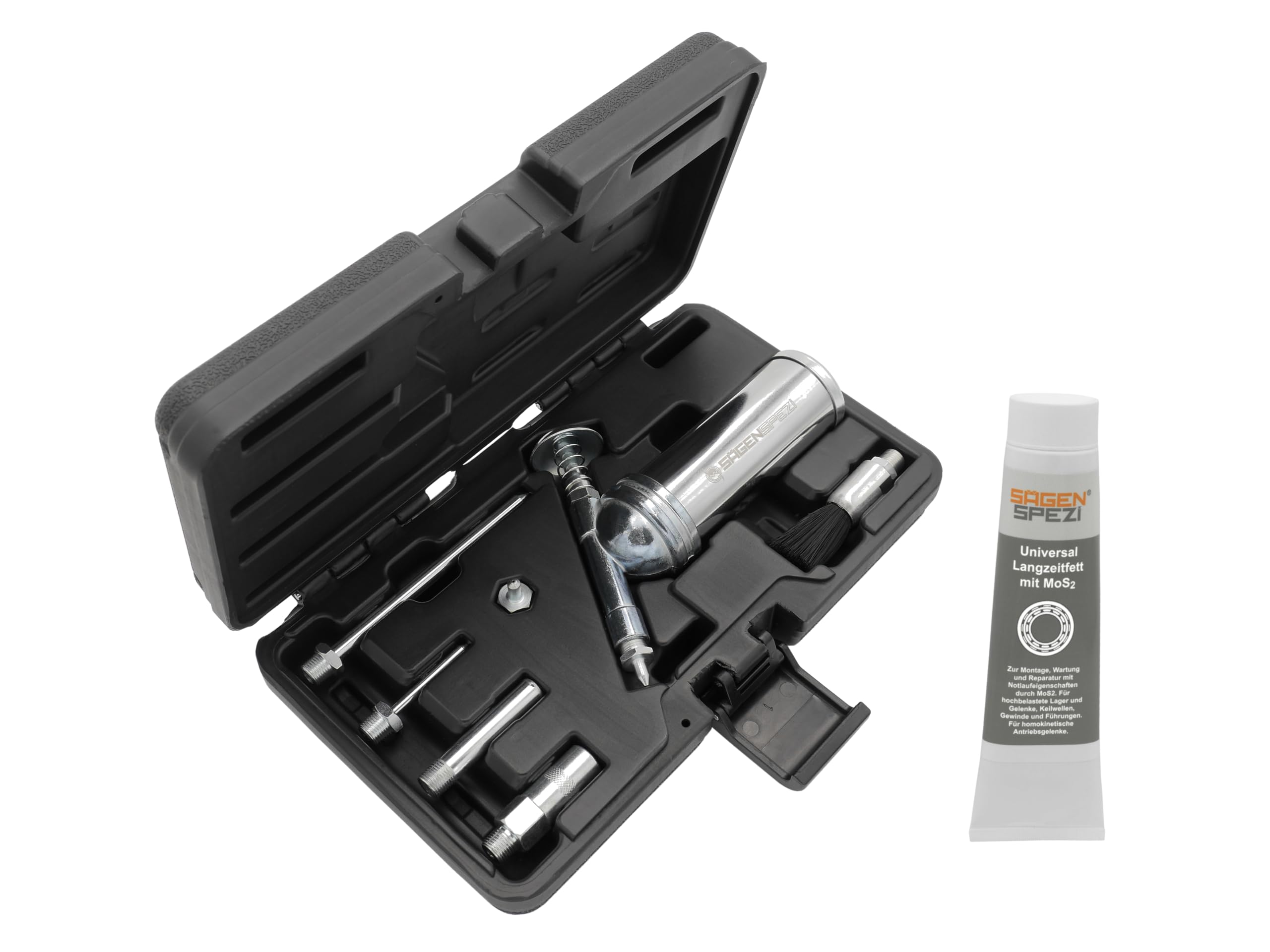 Sägenspezi Fettpresse-Kit für Umlenksterne oder universal mit Schmier-Pinsel und vielen weiteren Spitzen inkl. 100g Universal Langzeit Fett MoS2