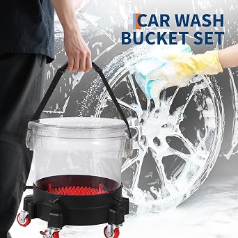5 Gallon Car Wash Bucket Kit w/ 5-Caster Dolly, 15.5L Bucket, Filter Grids, Rubber Handle and Lid, 300LB Capacity Rolling Detailing System for Auto Cleaning, Heavy-Duty (Transparent)