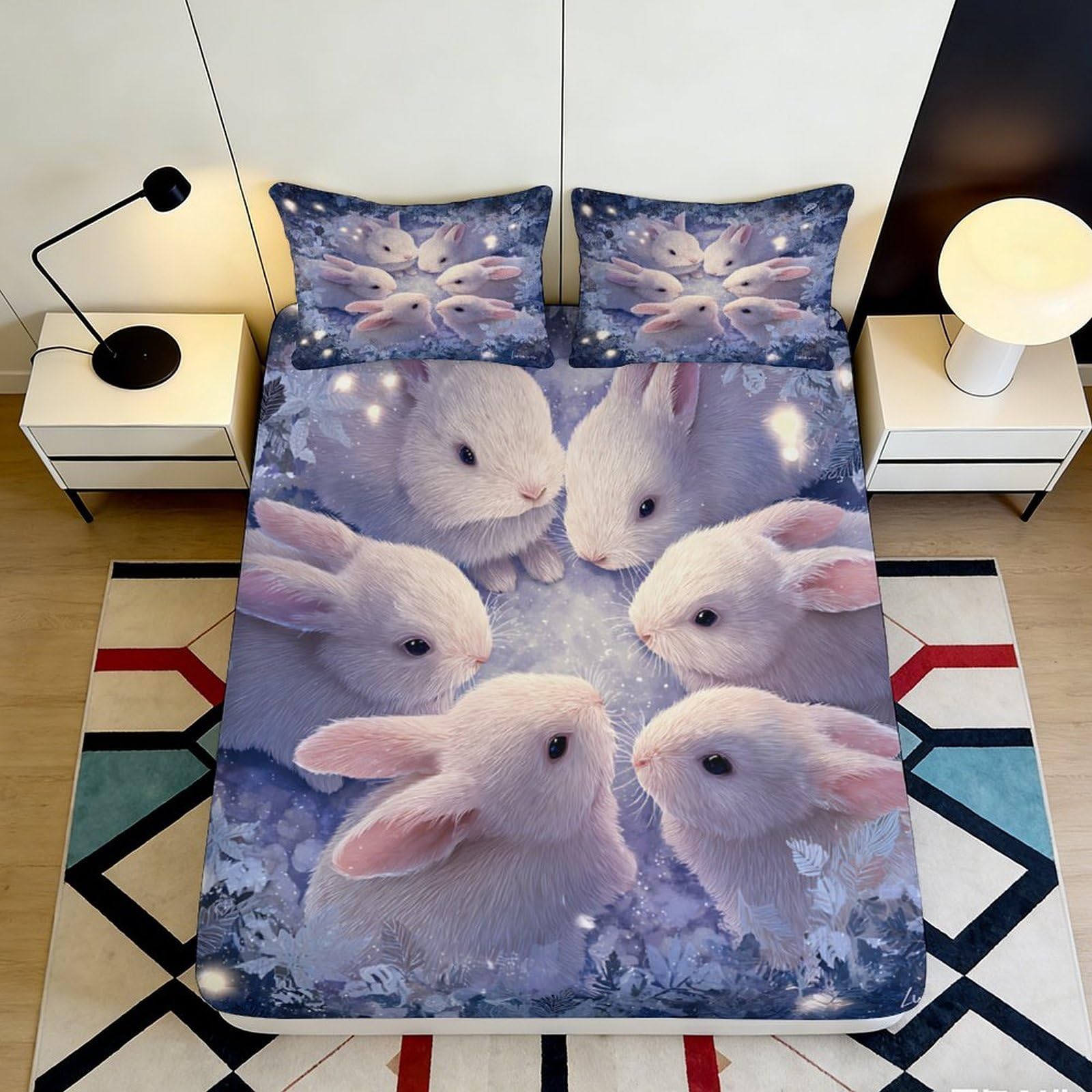 3D Printed White Bunny Fitted Sheet Microfiber Soft Non Slip Cartoon Rabbit Bed Cover Machine Washable Bedroom Decor 90x200x25cm