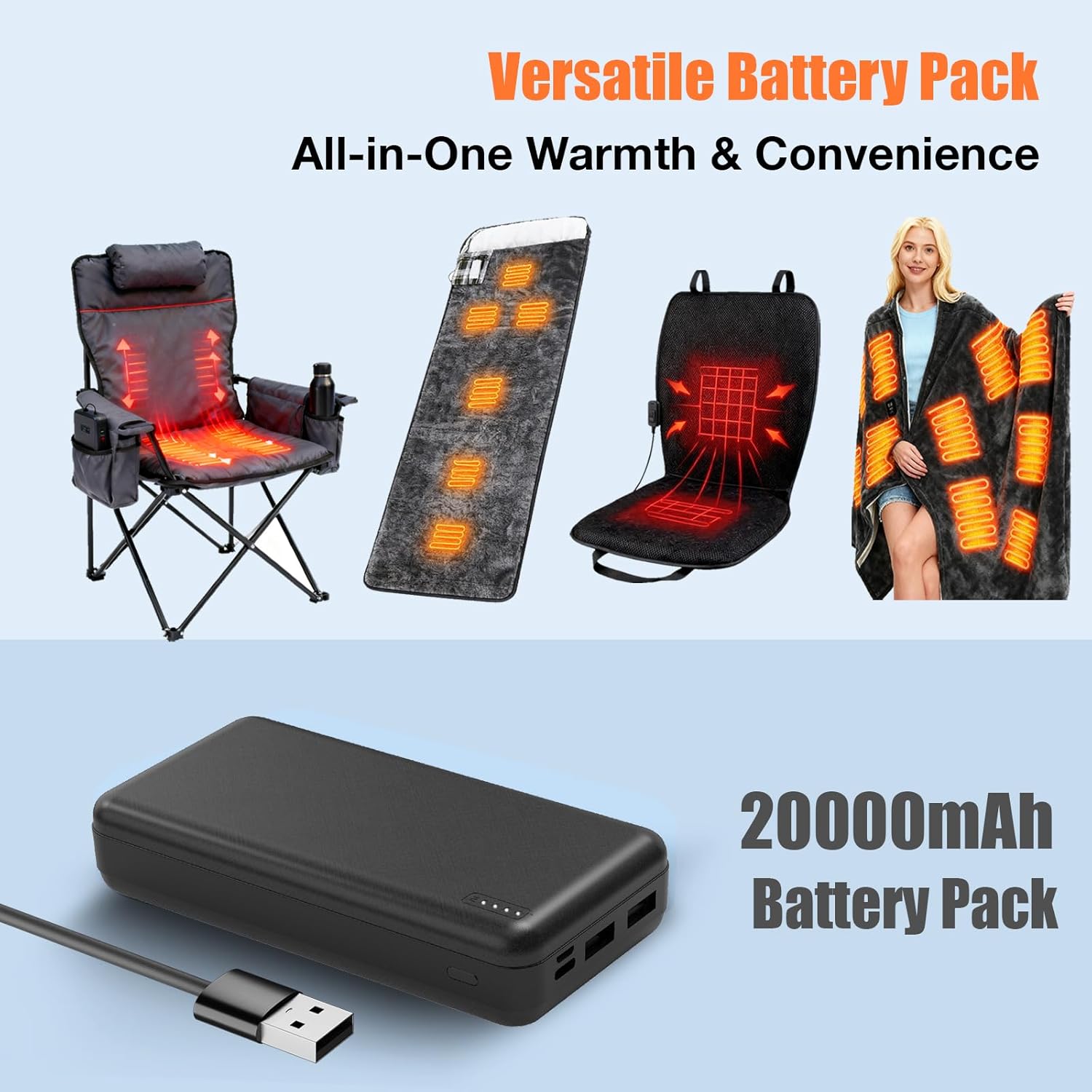 5V2A Battery Pack for Heated Camping Chair, Heated Blanket, Heated Hunting Seat Pad, Heated Sleeping Bag USB Power Bank for Camping Work (Battery Only) (Black, Milliamp Hours, 20000) - Image 7