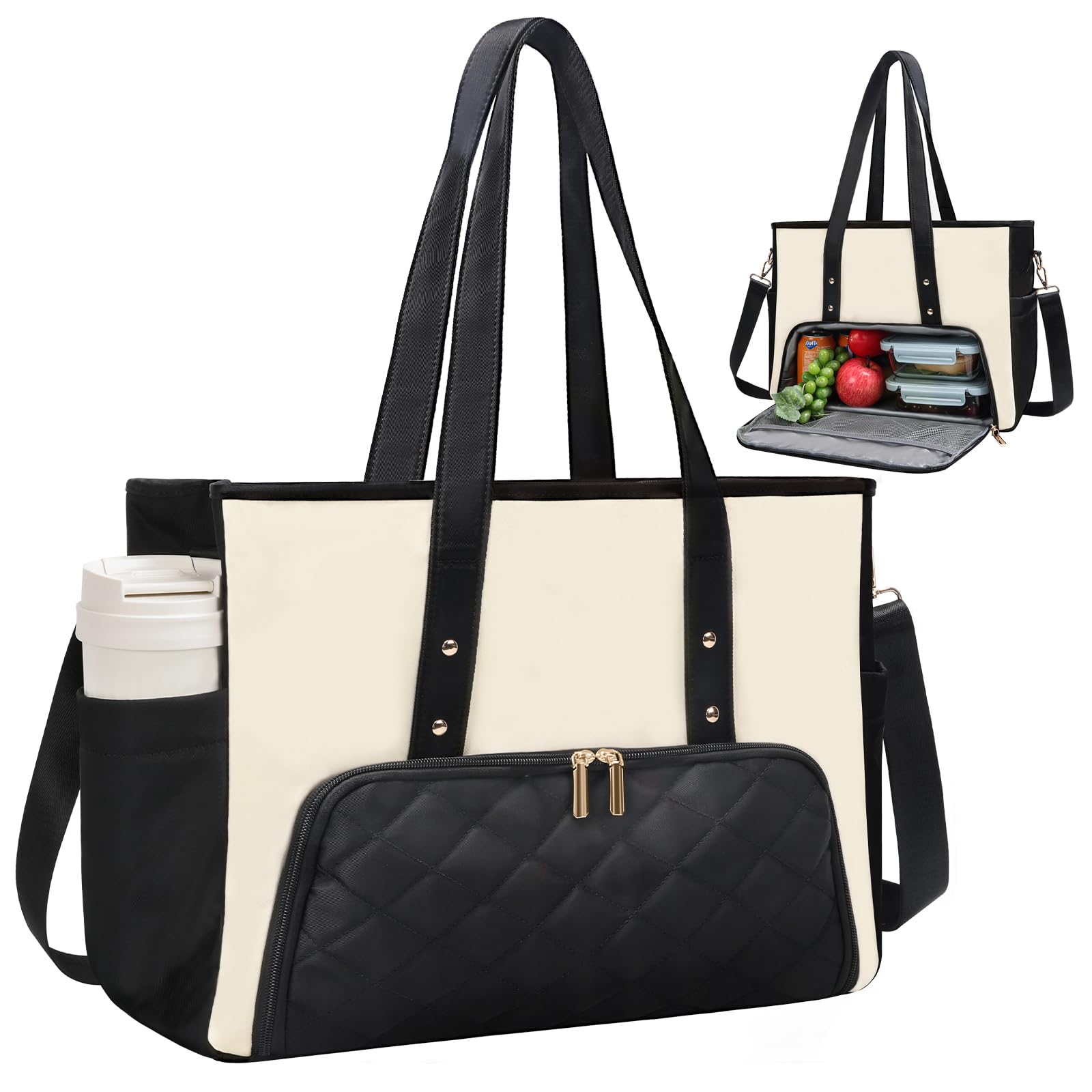 Jetviivid Laptop Tote Bag with Insulated Lunch Compartment, 15.6 Inch Work Bag Computer Handbag for Women, Lunch Tote for Office,Work, Nurse, Teacher, College, Casual,Travel, Black-Beige