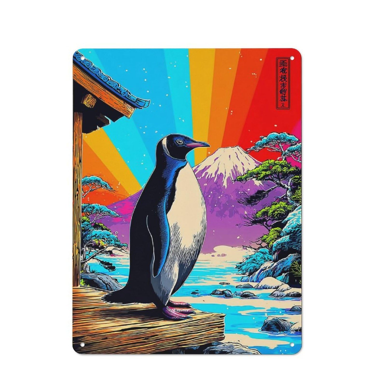 Junmoney Penguin In Japanese Landscape Retro Tin Sign 40X30cm For Dining Room Or Kitchen, Suited To Kitchen Wall Decor Lovers