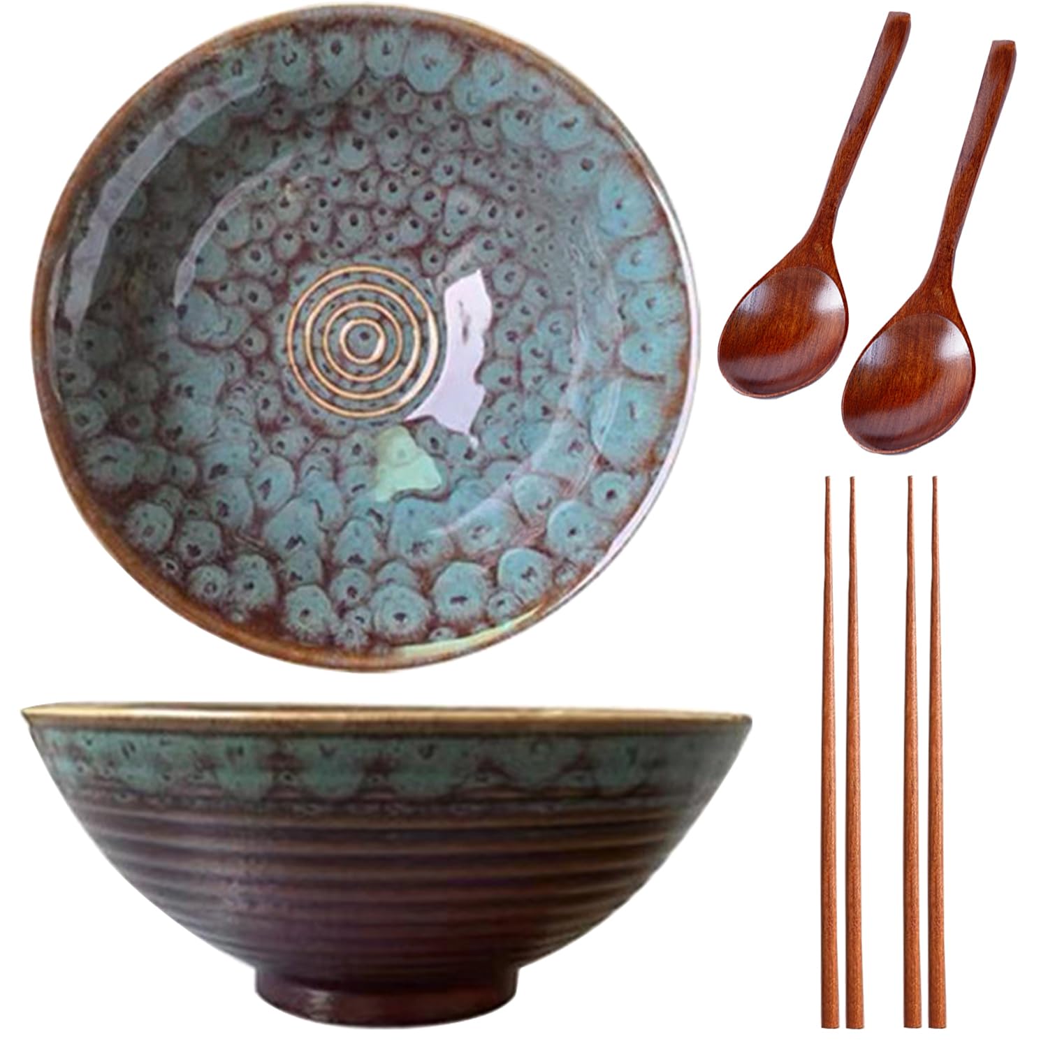 Sightday Juego de 2 cuencos de cerámica para ramen de 1200 ml con cucharas y palillos, cuenco grande para pasta, fideos, sopa, ensalada, cereales, aperitivos (pavo real)
