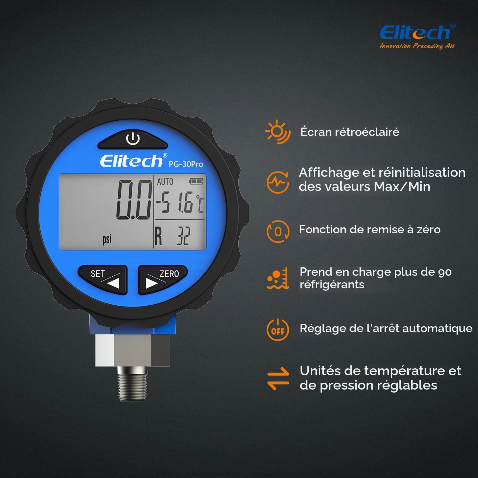 Elitech PG-30Pro Manomètre Numérique Réfrigérant avec Rétroéclairage, Manifold Gauge Pour 87+ Réfrigérants 0-500 PSI 1/8 NPT