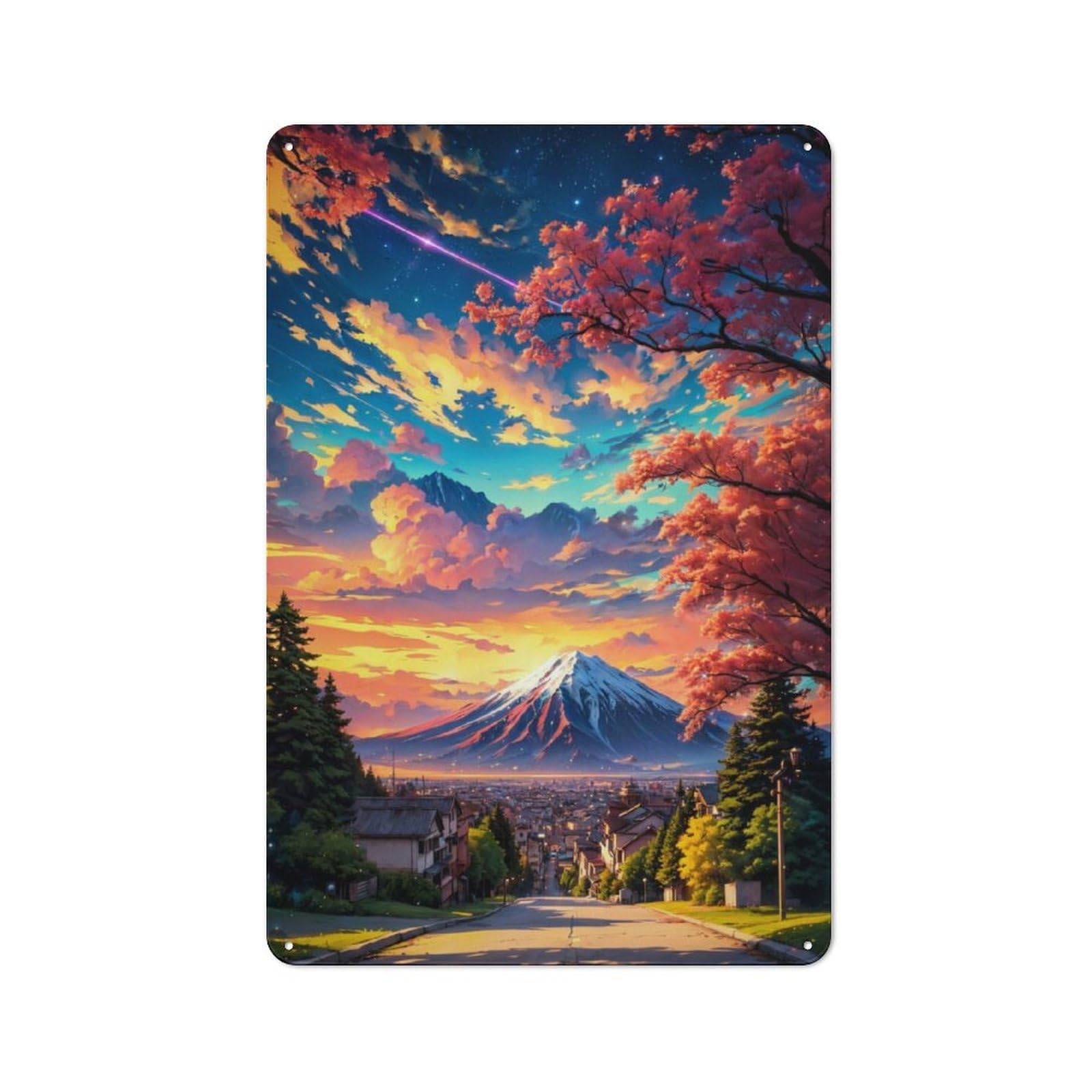 Junmoney Sakura Mount Fuji Sunset Anime Vintage Metal Plaque 30X20cm For Home Office Or Studio, Seasonal Metal Wall Decor For Winter Interiors