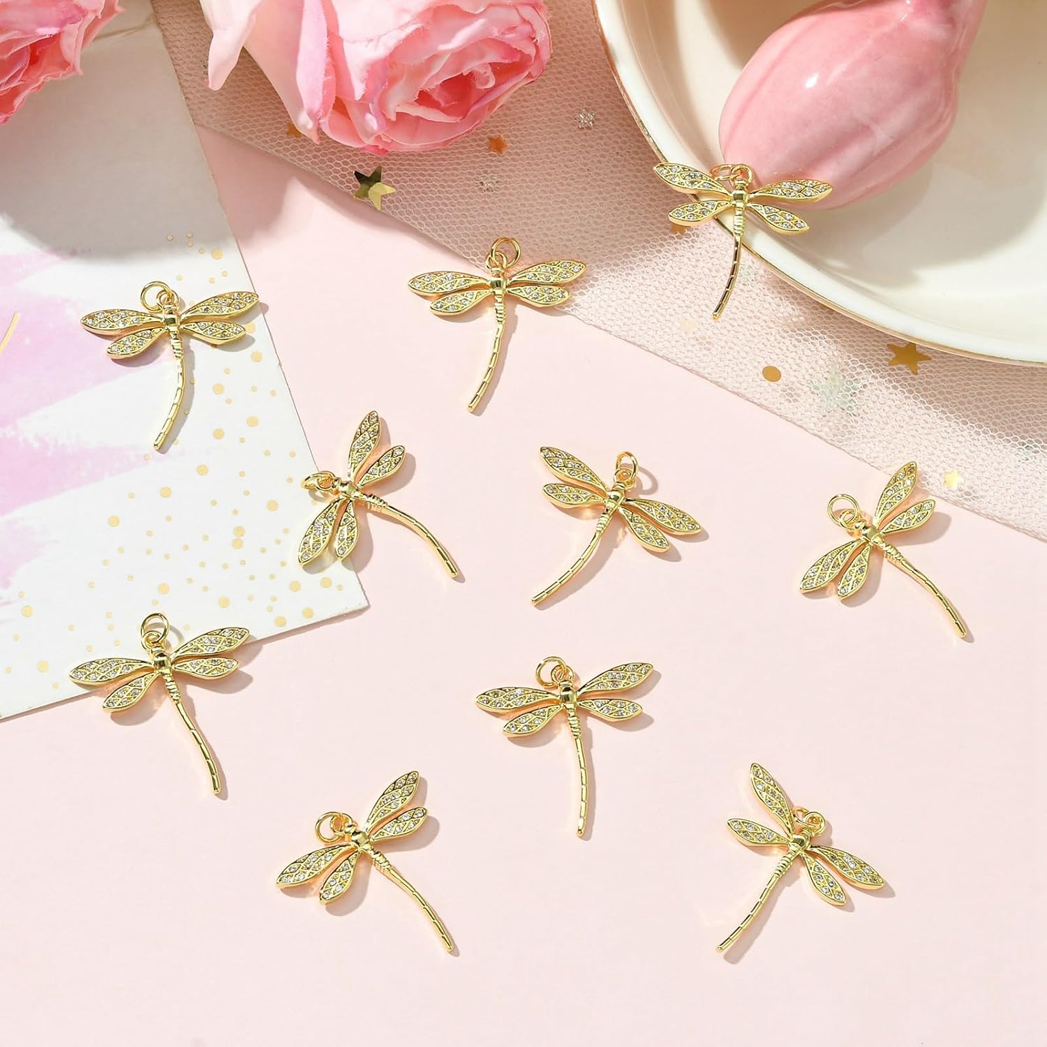 KitBeads 10pcs Cubic Zirconia Dragonfly Charms 18K Gold Plated Insect Micropave CZ Animal for Jewelry Making Necklace Crafts Bulk - Image 6