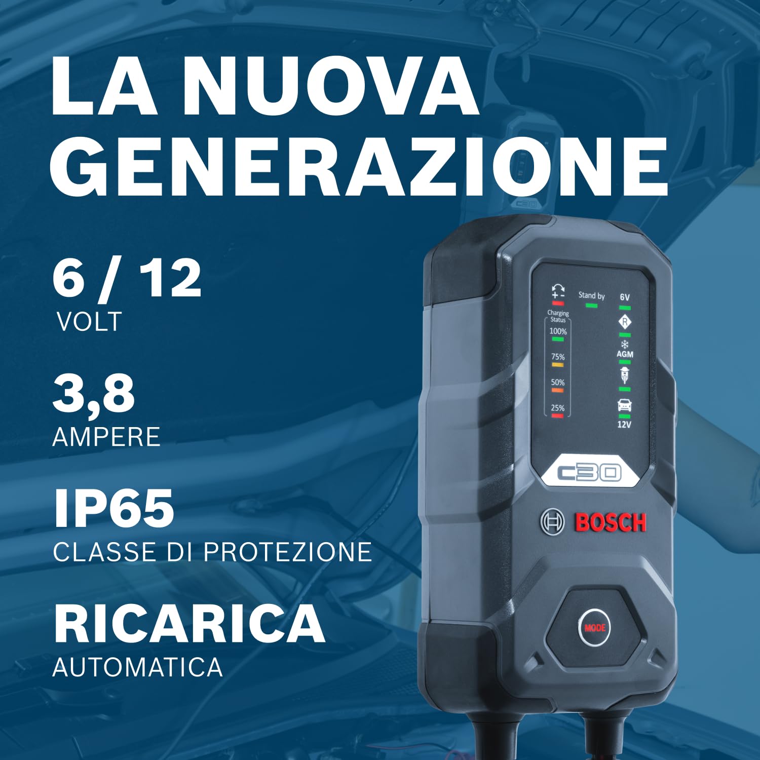 Bosch C30 Caricabatterie per Auto, 6 V - 12 V / 3,8 A, con Carica di Mantenimento - per Batterie al Piombo-Acido, EFB, GEL, AGM e SLI da 6 V/12 V