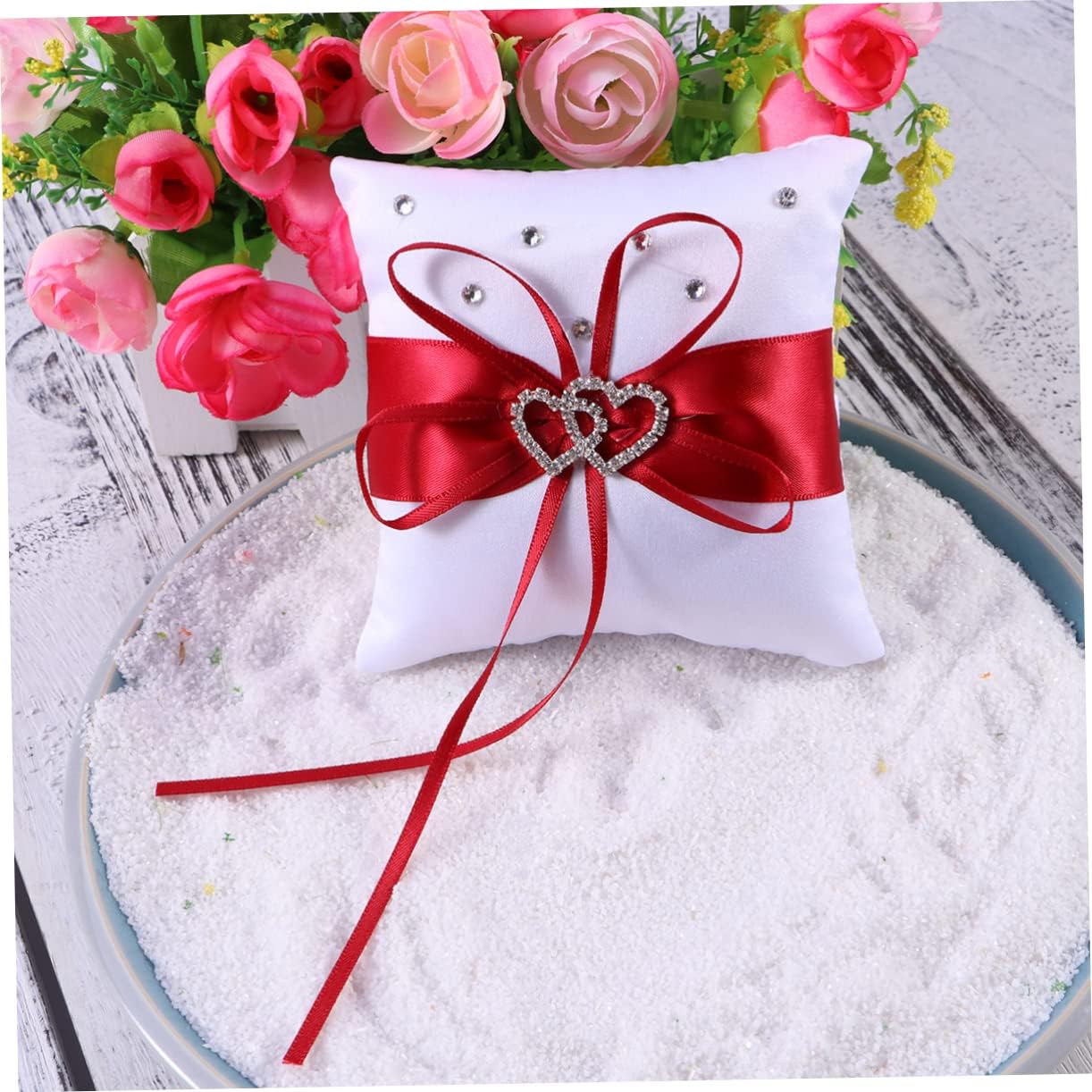Ciieeo 3pcs Double Heart Wedding Bearer Pillow Cushion Satin Ribbons for Bridal Ceremony Elegant Red Design for Wedding Decor