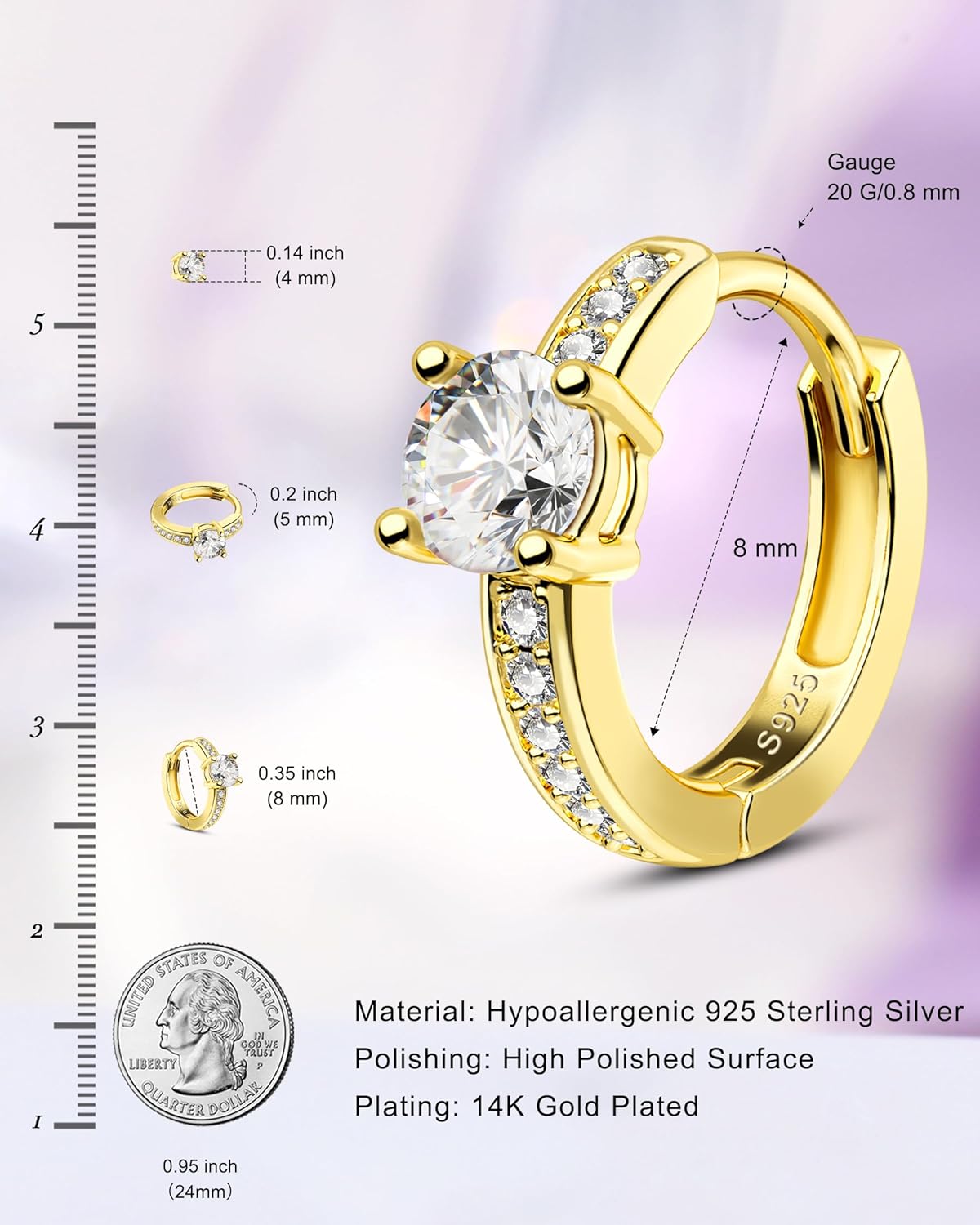 Jewseen 20G 14K Gold Plate Huggie Earing for Women 925 Sterling Silver Huggie Hoop Earrings for Gift Clear CZ Cartilage Earrings Hoop Hypoallergenic Helix Daith Conch Rook Piercing Jewelry - Image 4