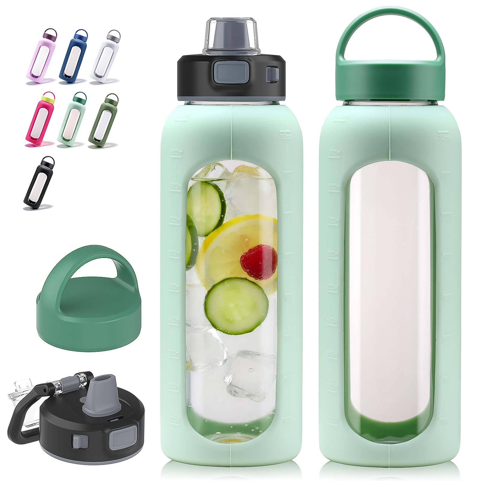 Kodrine Glass Water Bottle 32 oz-Light Green/Borosilicate Glass Motivational Water Bottle with Straw and 2 Lids,Silicone Sleeve,Time Marker,Dishwasher Safe and BPA Free for Travel,Sports