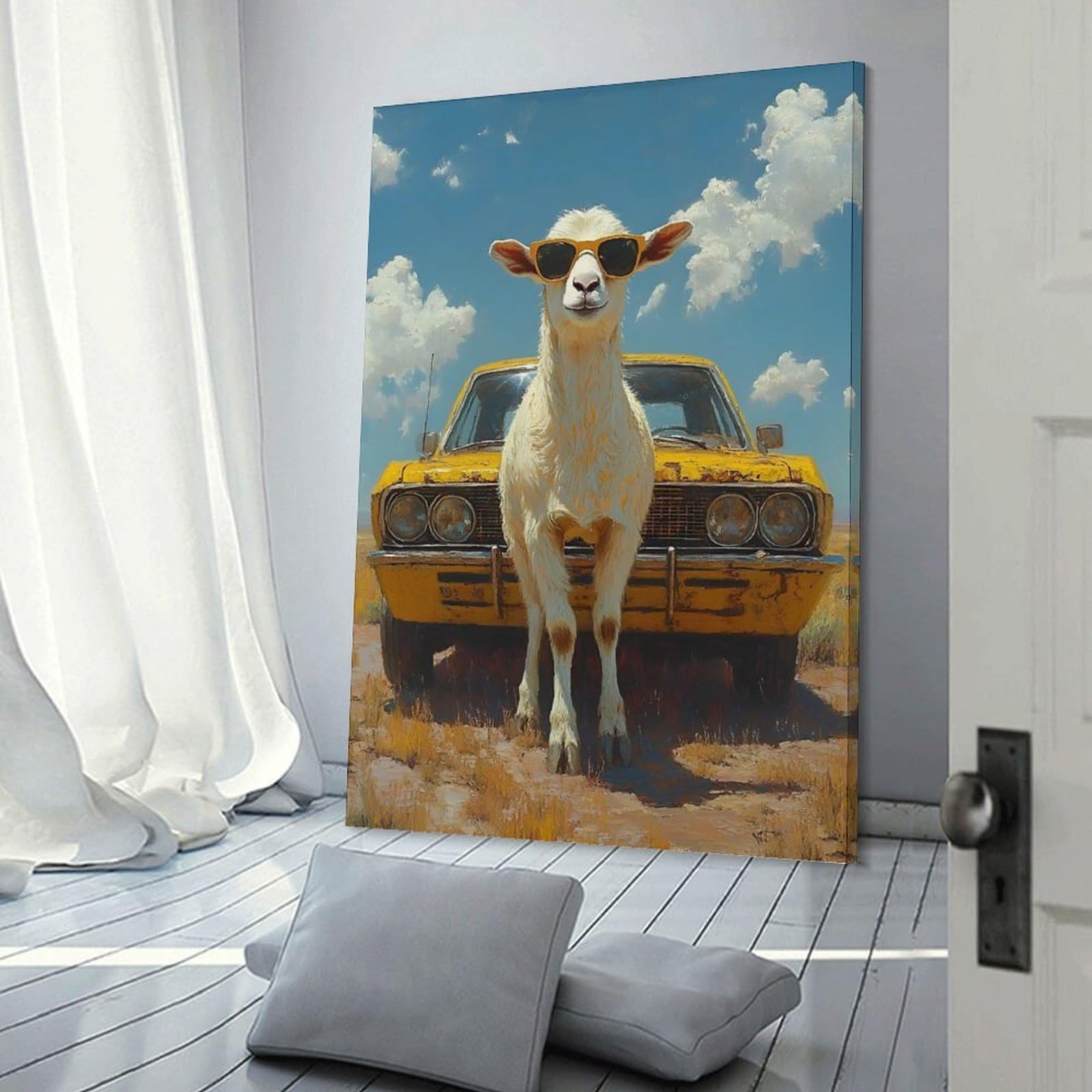 Junmoney Wall Decor Canvas Print Goat Wearing Sunglasses in Front of A Car, 24x36inch(60x90cm), for Study, Office Or Apartment Decor, Canvas Artwork with Gifting Potential