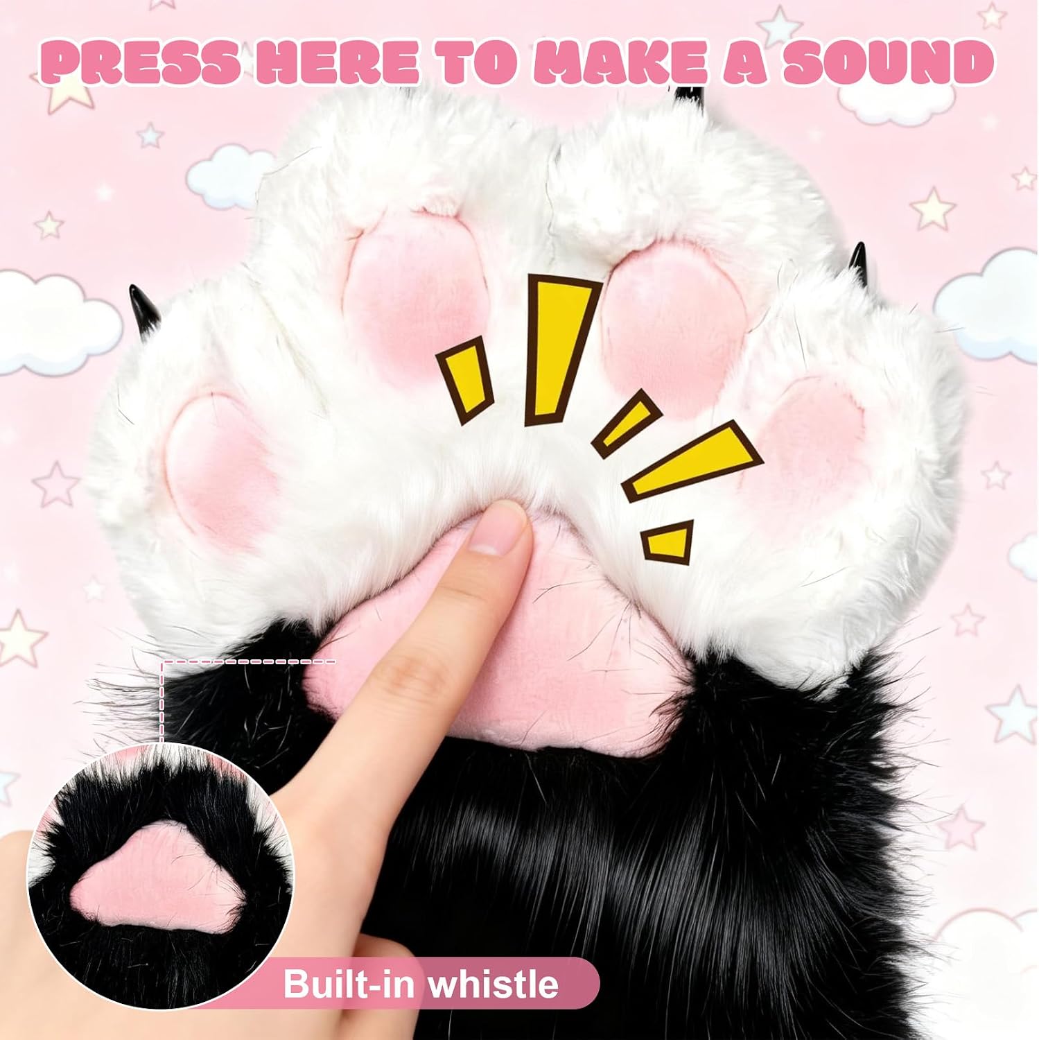 Furry Cat Paw Gloves,Fursuit Paw Gloves with Claws Built-in Whistle image 4