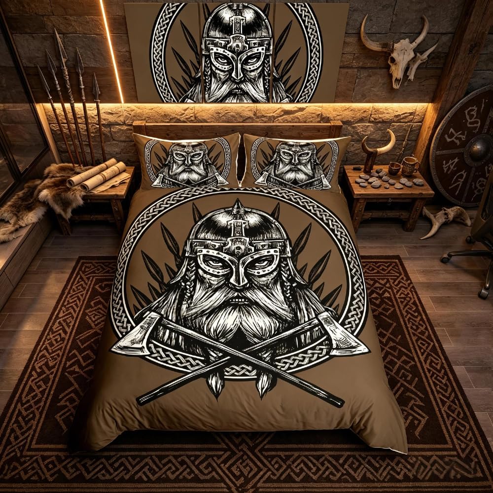Loussiesd Ancient Viking Bedding Set,Vintage Exotic Tribe The Ax A Sword A Spear Scandinavian Logo Brown Print,Decor Comforter Cover Super King Size 3 Pcs (1Duvet Cover+2 Pillowcases),Zipper — image 1