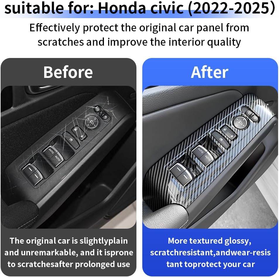 Car Door Power Window Lift Switch Protection Panel for Honda Civic 2022 2023 2024 2025 2026 Auto Interior Decorations Accessories Armrest Side Pull Handle Trim Cover Carbon Fiber Style Kit