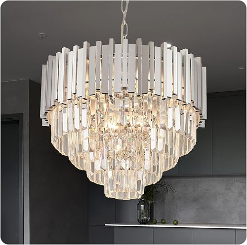 Candelabro moderno de cristal de 20 pulgadas, cromado redondo, lámparas colgantes de techo alto, lámpara de lujo de montaje empotrado para comedor