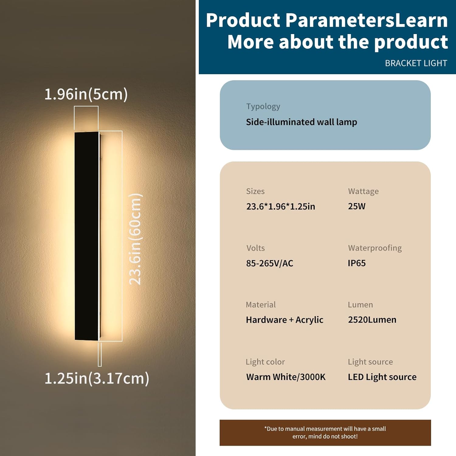 2 Pack 23.6inch Long Outdoor Led Wall Lights, IP65 Waterproof Black Outside Porch Lights, 3000K Warm White, 24W, Modern Exterior Wall Sconces Lighting for Garage, Patio, House, Garden
