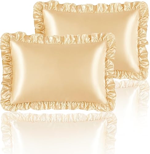 HommxJF Juego de 2 fundas de almohada de satén sedoso con volantes para cabello y piel, fundas de almohada de seda dorada tamaño King con cierre de
