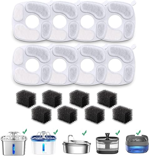Paquete de 8 filtros+8 esponjas de prefiltro de repuesto compatibles con Veken 95oz/2.8L fuente de agua para gatos, dispensador de agua para perros