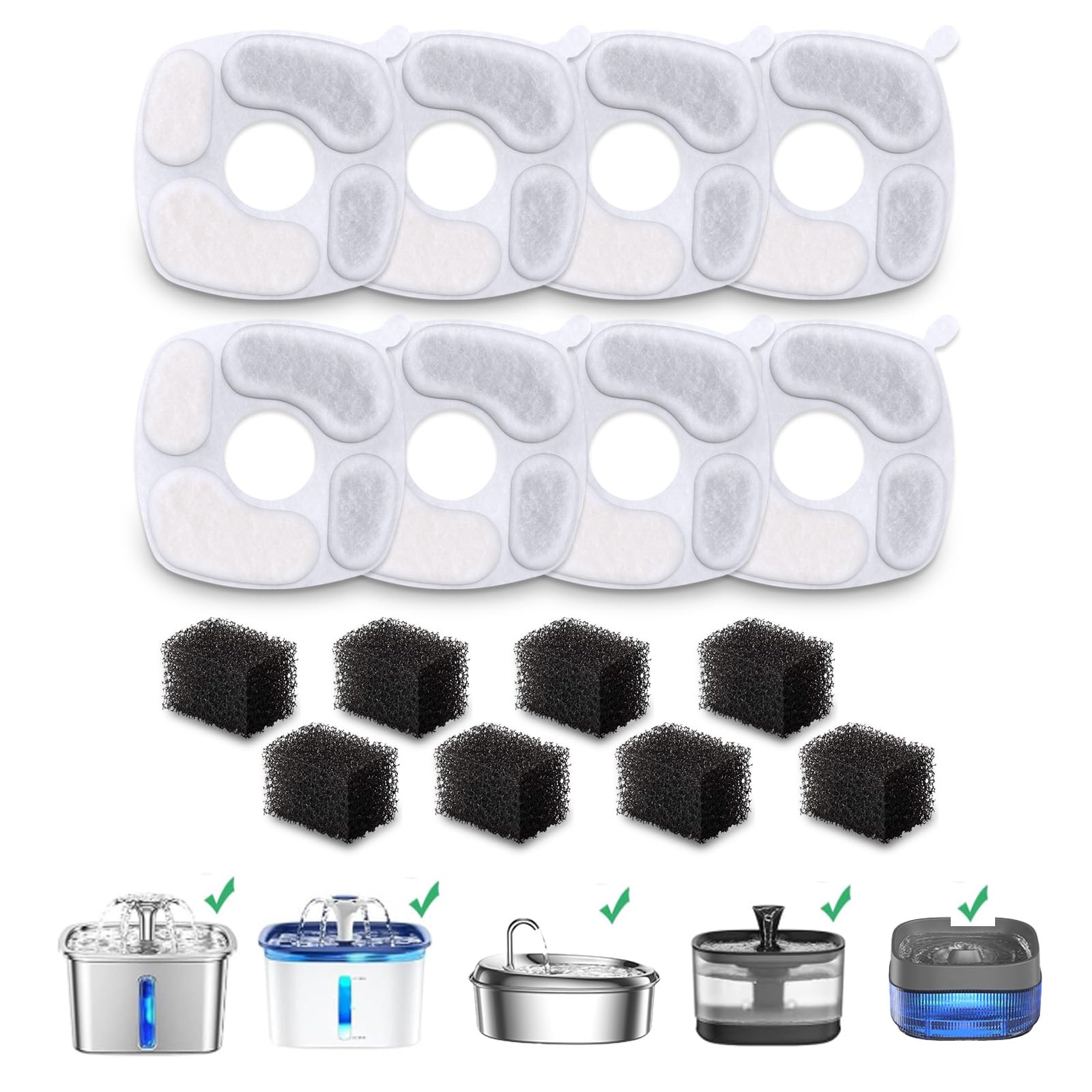 NeucomBBT 8-Pack Filters Sponges Replacement,compatible with Veken 95oz/2.8L Pet Fountain Cat Water Fountain Dog Water Dispenser (8 Filters & 8 Sponges)