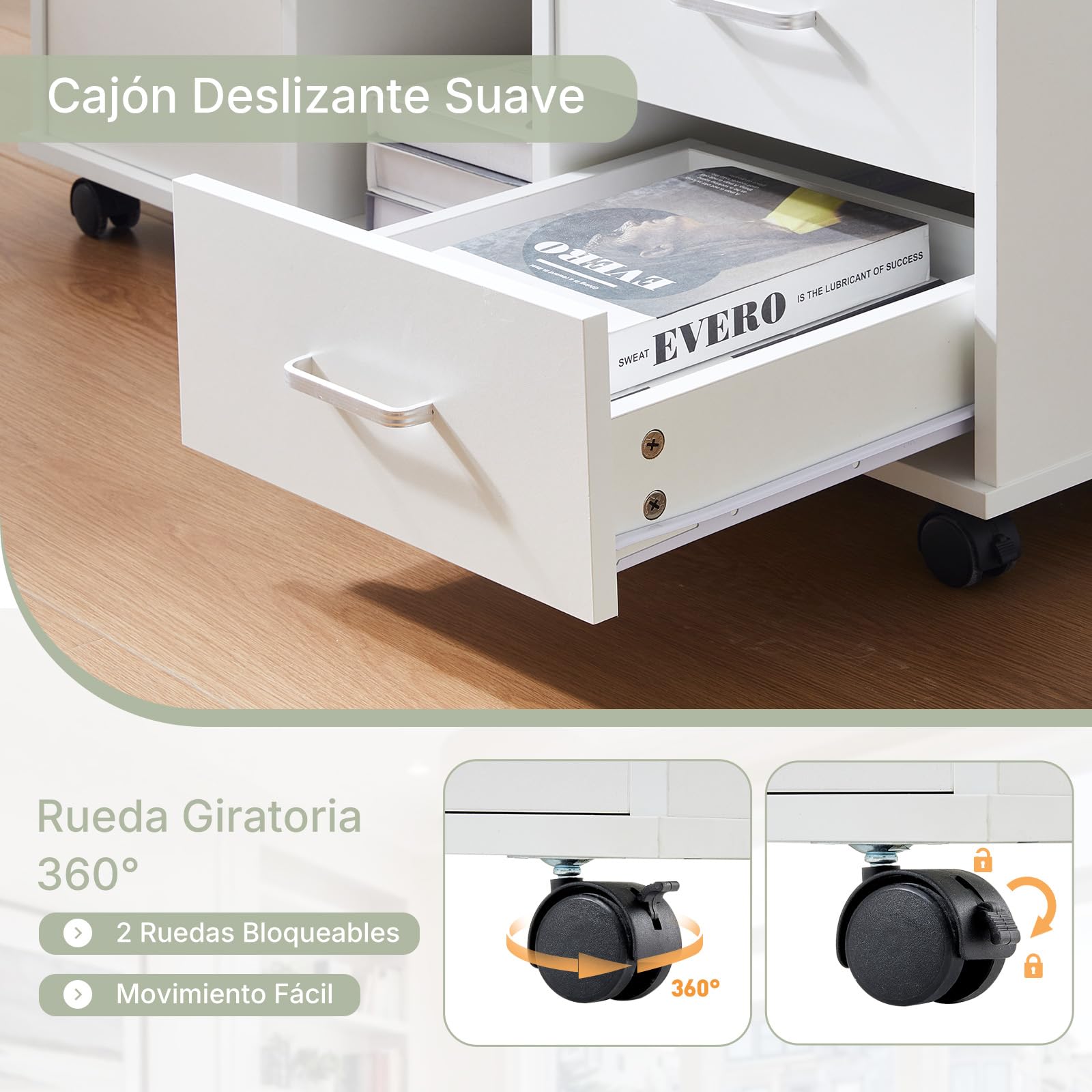 LEMROE Cajonera móvil con ruedas con cajones, cerradura y soporte | Para impresora con estantes abiertos, armario de almacenamiento para papelería (blanco) Adecuado para oficina o hogar