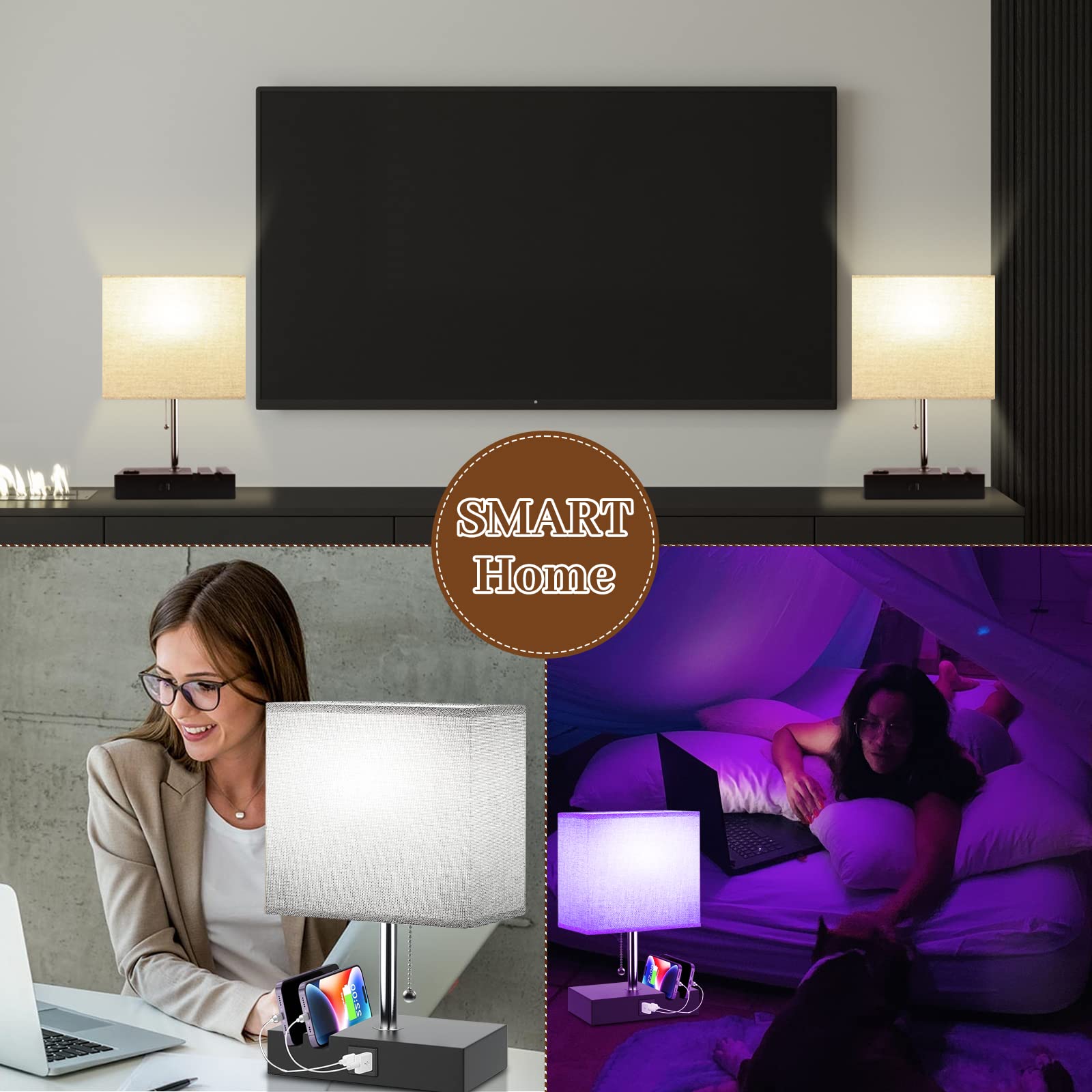 Intelligente RGB-Schreibtischlampe, dimmbar, funktioniert mit Alexa, App und Fernbedienung, Nachttischlampe mit Ladeanschlüssen, Ausgang und Telefonhalterung, Musik für Schlafzimmer