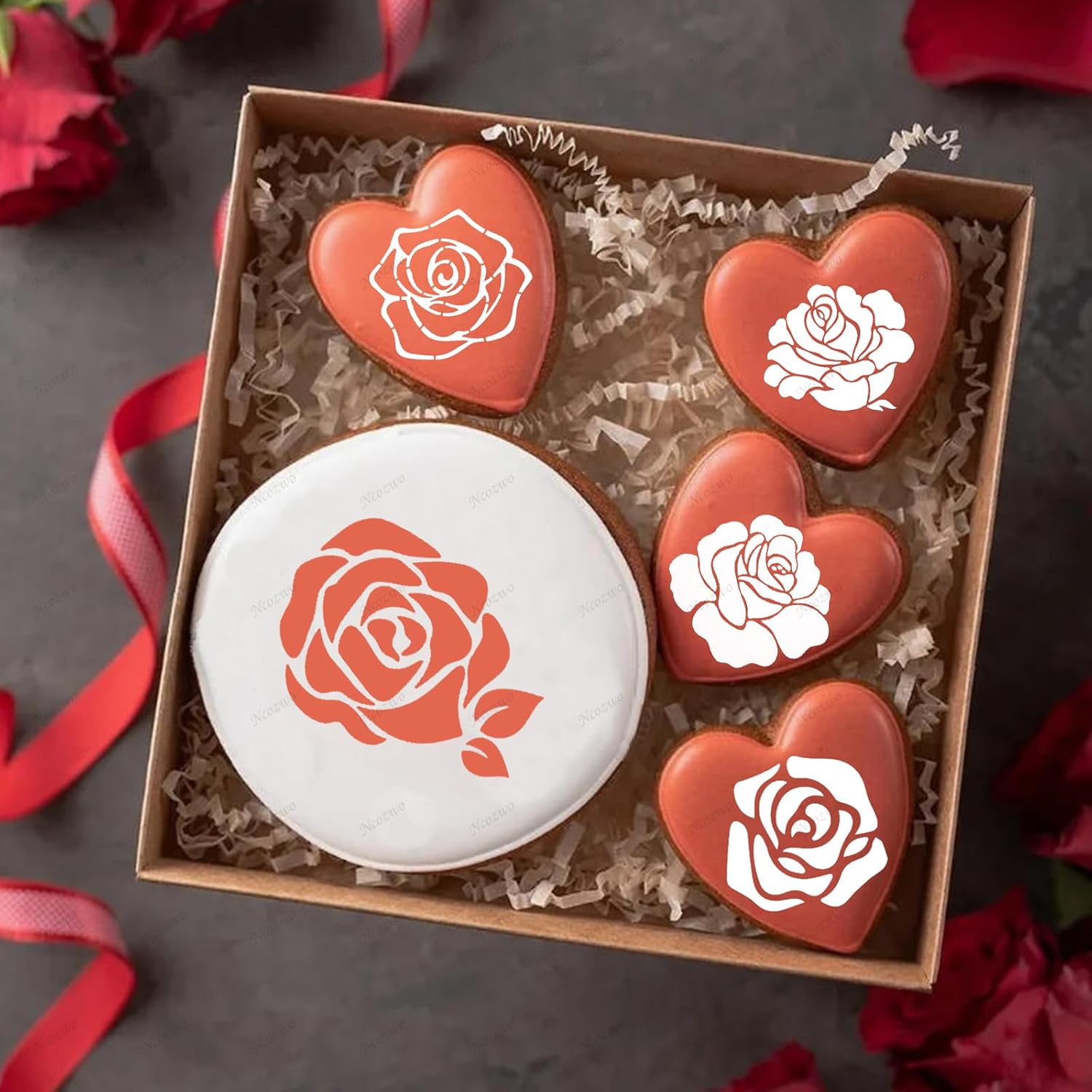Rose Flower Cake Stencils Kit Reusable Floral Cookie Coffee Stencil Drawing Template for Valentines Day Dessert Buttercream Painting DIY Crafts Decor (25 Pcs)