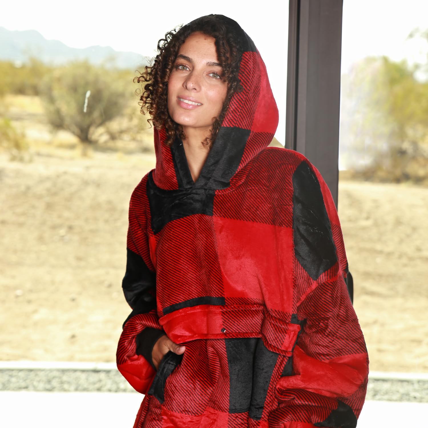 Catalonia Oversized Blanket Hoodie Sweatshirt, Wearable Sherpa Lounging Pullover for Adults Women Men: One Size Red Plaid