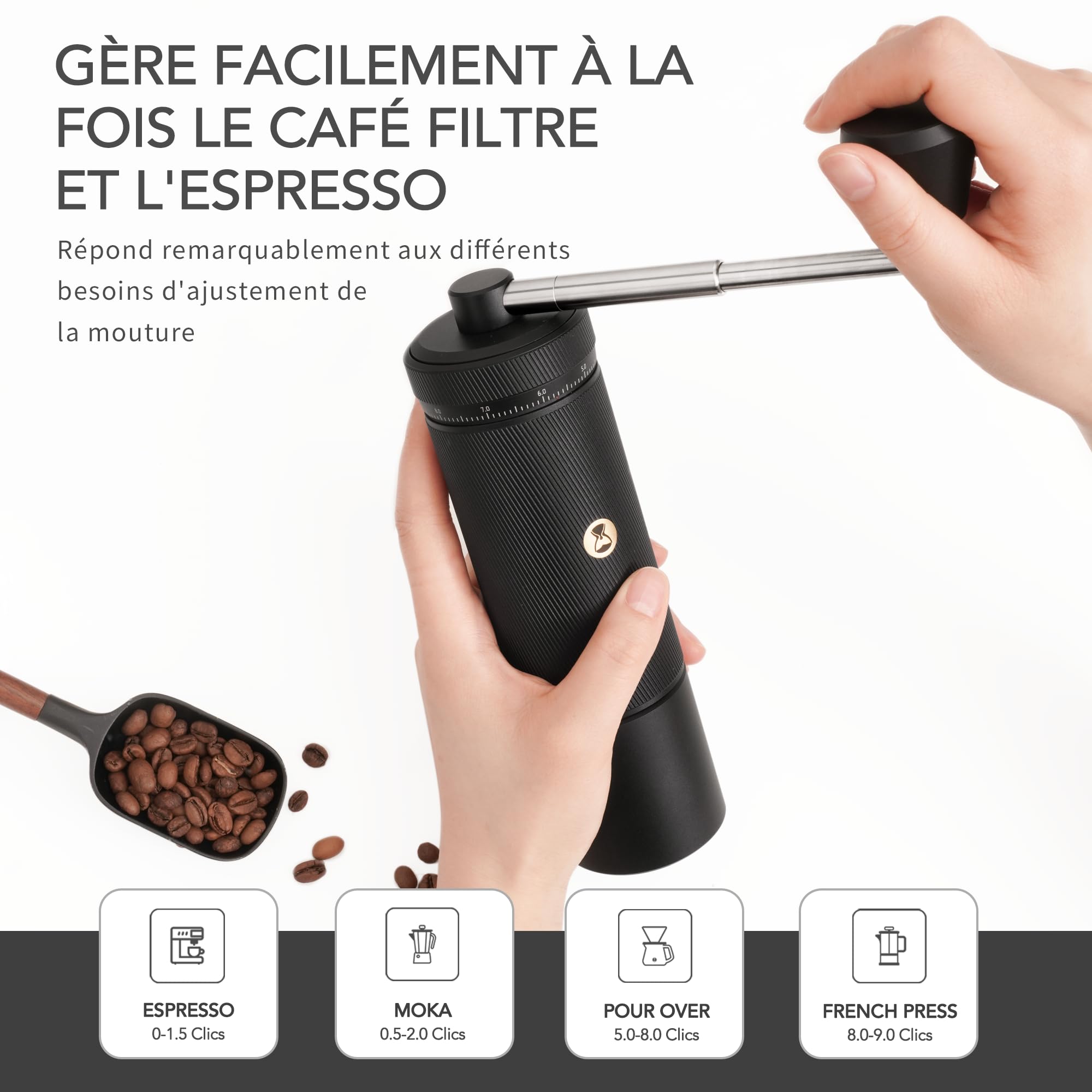 Ręczny młynek do kawy S3 TIMEMORE, regulacja zewnętrzna, składany uchwyt, ulepszony zintegrowany korpus z metalu, espresso mokka do francuskiej kawy, czarny