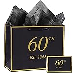 momoake 60th Birthday Gift Bag with Card and Tissue Paper for Men Women, 1965 60 Year Old 13 Elegant Black Gold Anniversary Keepsake Party Present Shopping Paper Bags for Gifts Wrapping
