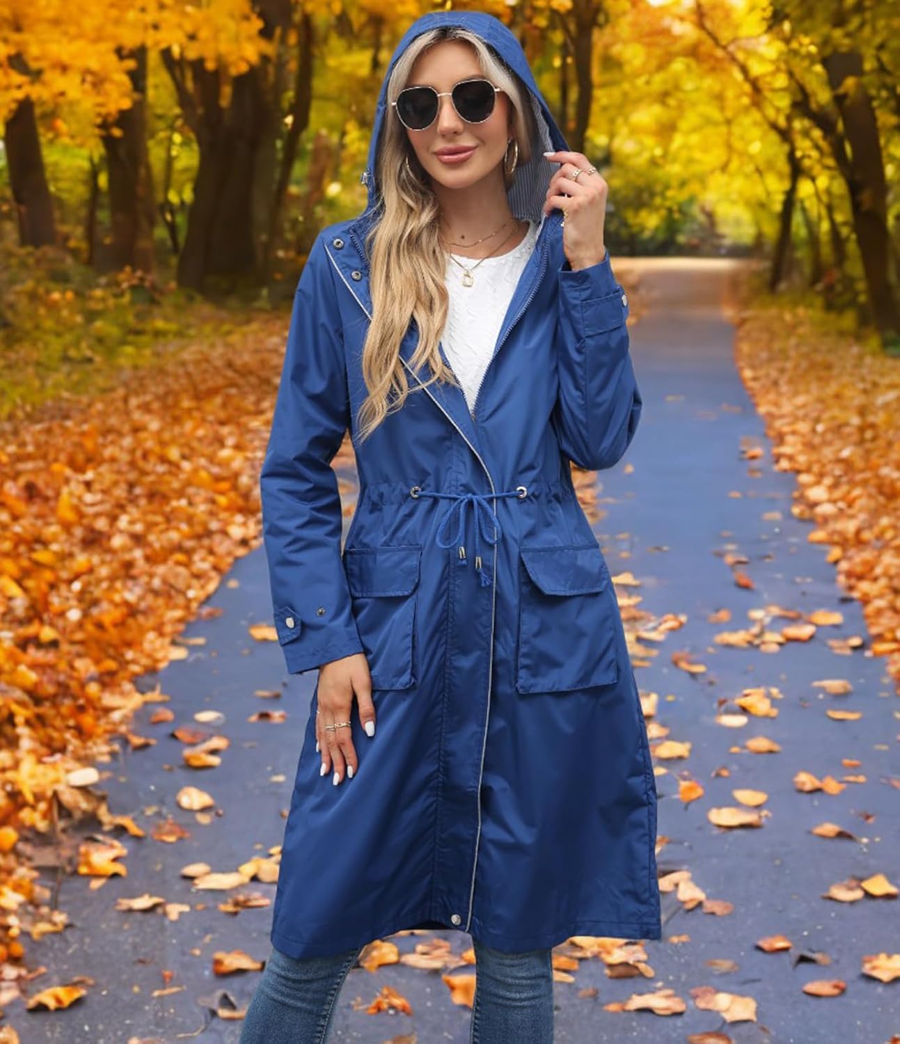 Women Waterproof Lightweight Long Rain Jacket Outdoor Casual Hooded Long Trench Coat