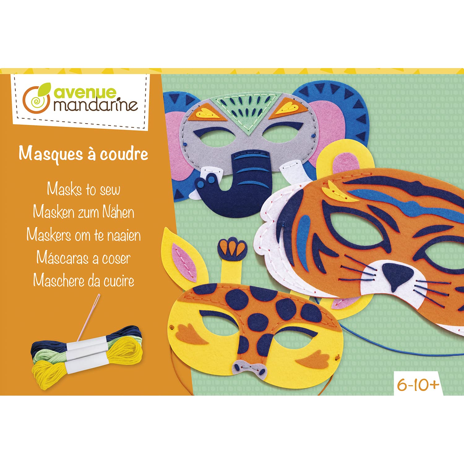 AVENUE MANDARINE - Kit creativo de máscaras de fieltro para coser - 1 máscara de jirafa + 1 máscara de elefante + 1 máscara de tigre + 1 aguja + 3 ovillos de hilo - A partir de 6 años - KC135C
